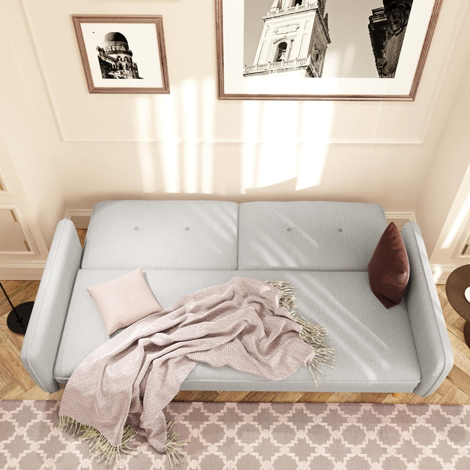 Divano letto 3 posti in tessuto grigio ghiaccio con gambe in legno - Tayler