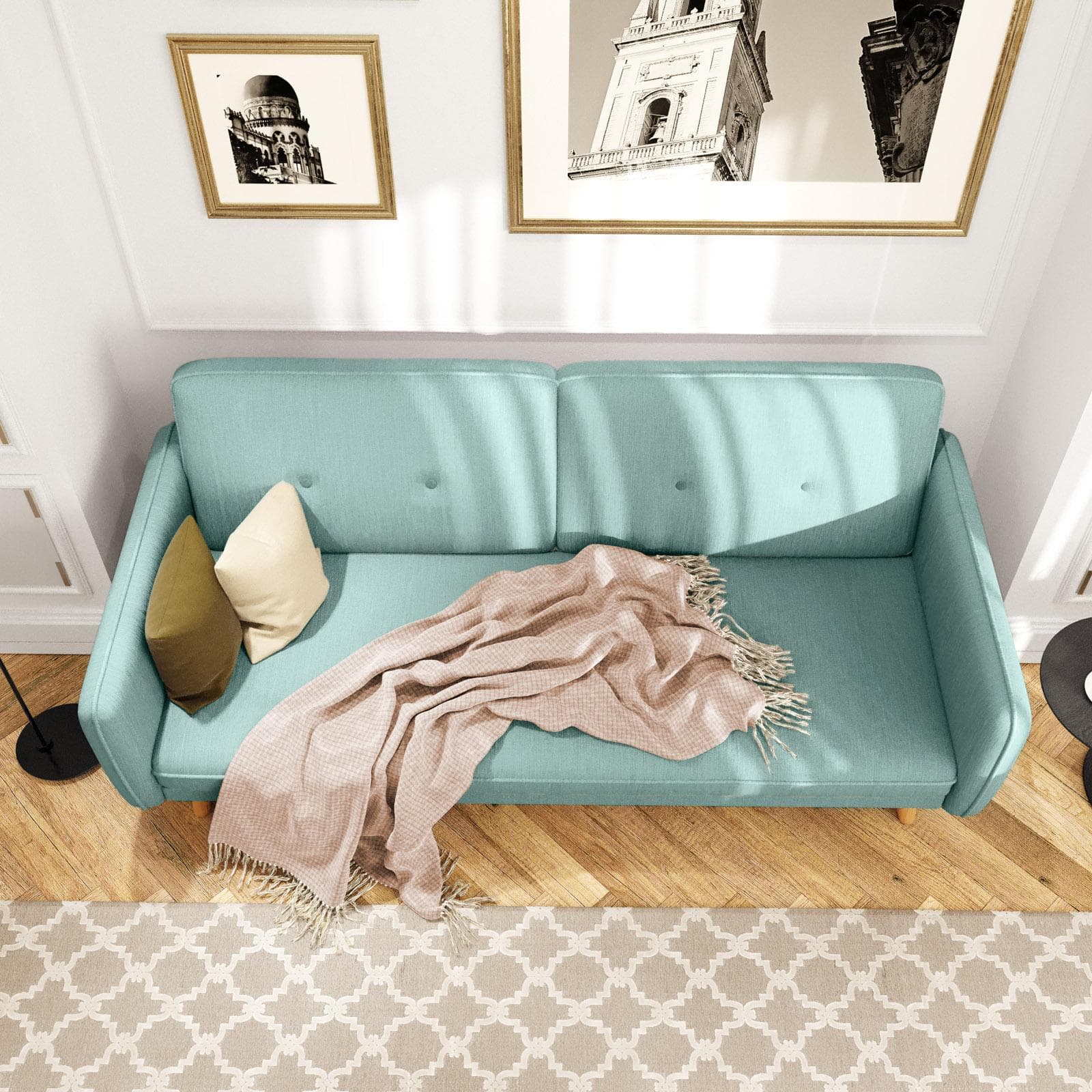 Divano letto 3 posti in tessuto verde salvia con gambe in legno - Tayler