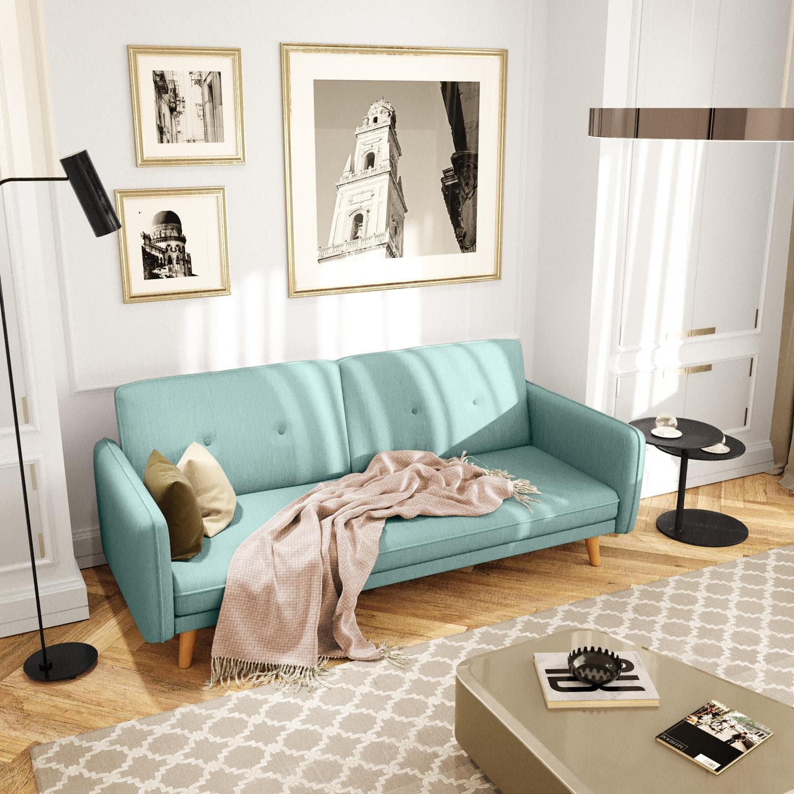 Divano letto 3 posti in tessuto verde salvia con gambe in legno - Tayler