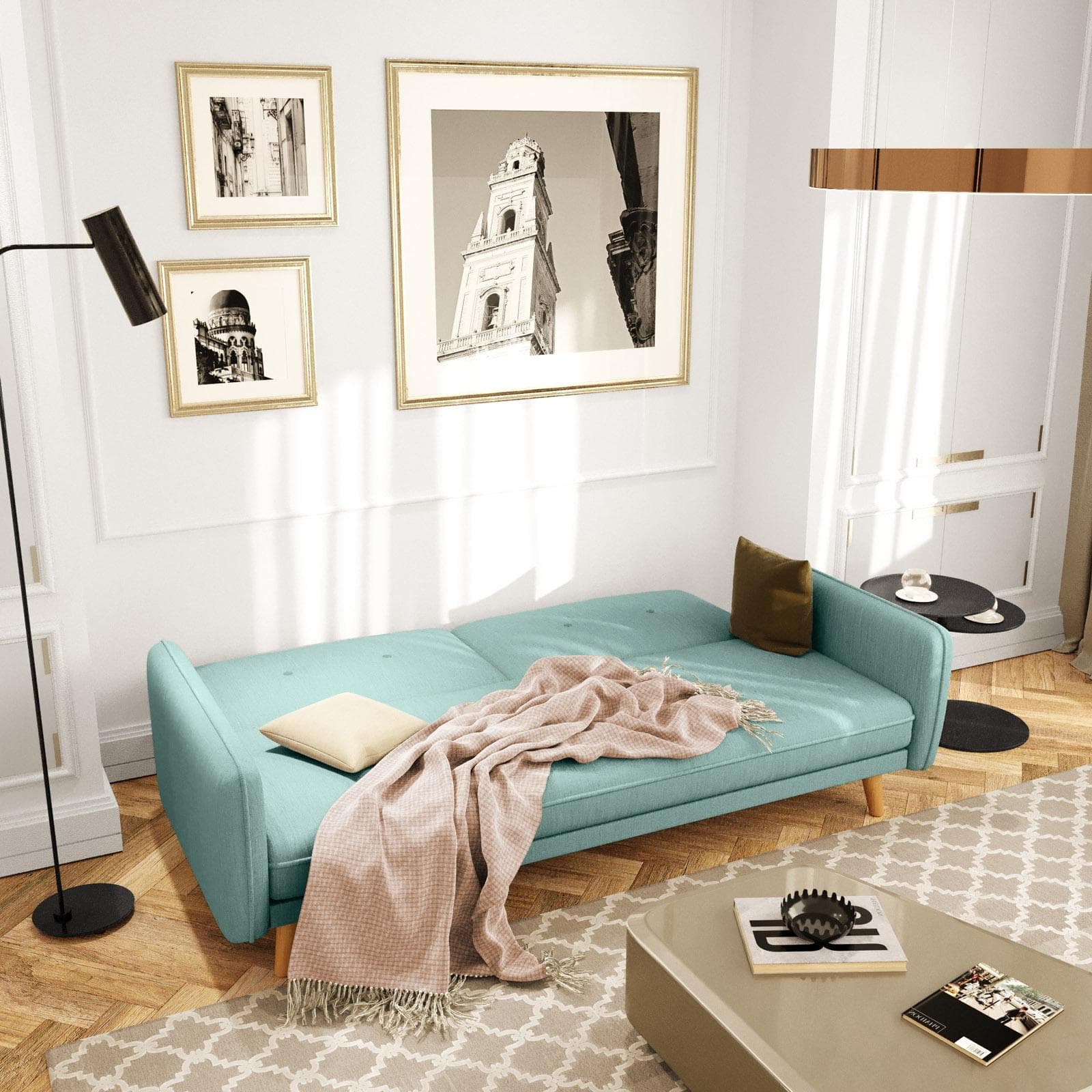 Divano letto 3 posti in tessuto verde salvia con gambe in legno - Tayler