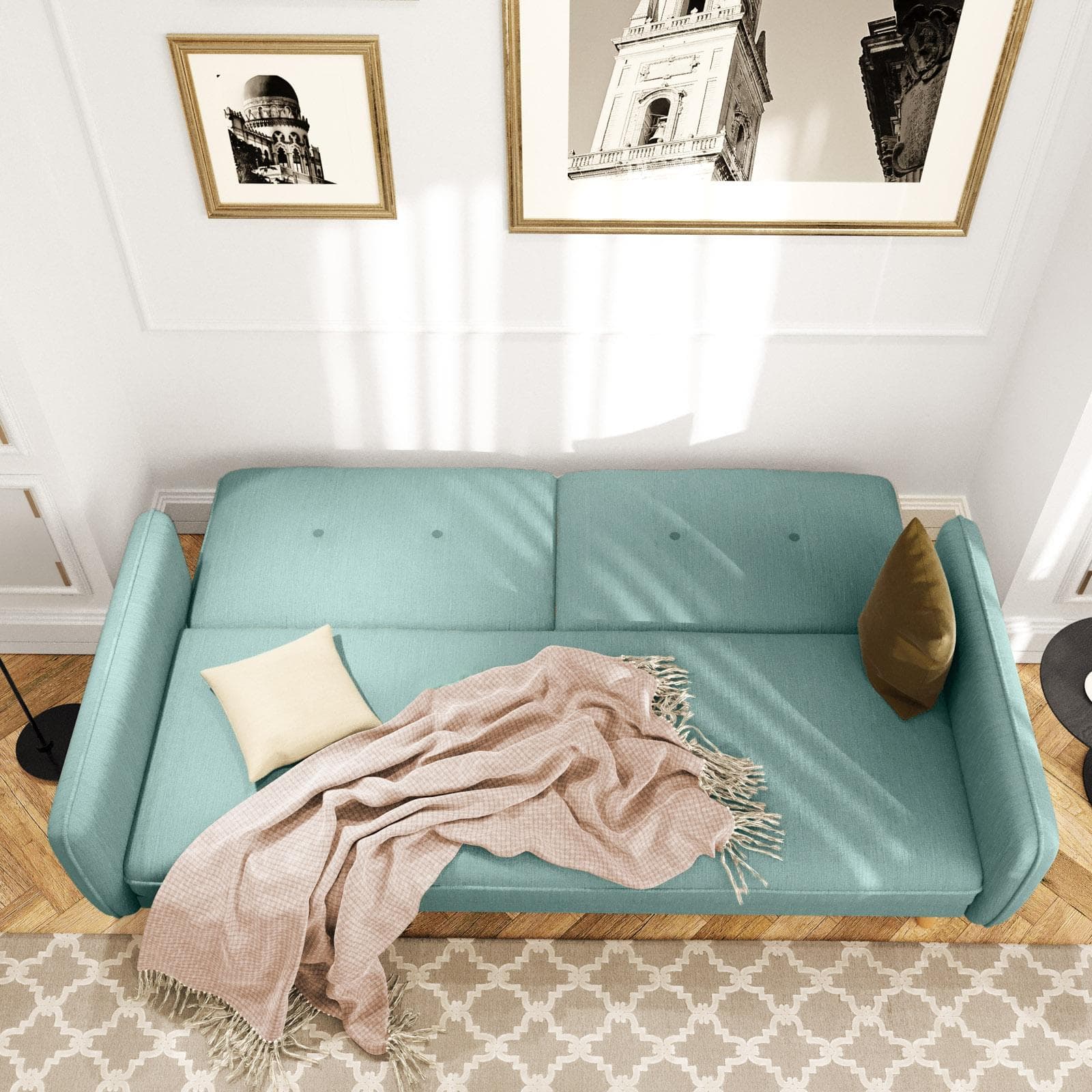 Divano letto 3 posti in tessuto verde salvia con gambe in legno - Tayler