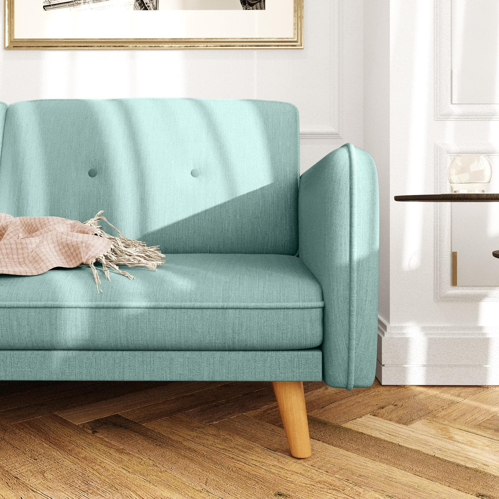 Divano letto 3 posti in tessuto verde salvia con gambe in legno - Tayler