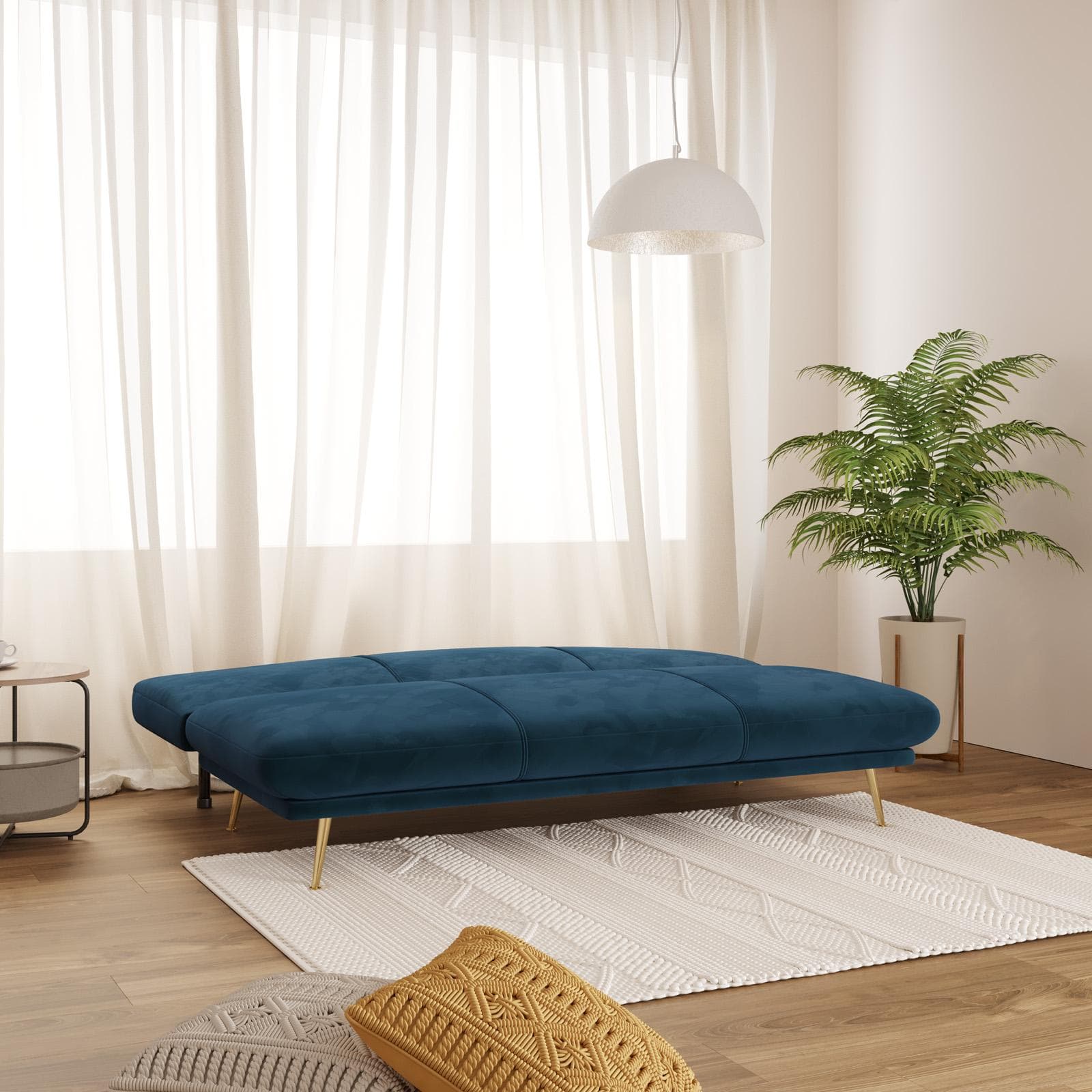 Divano letto 3 posti reclinabile in velluto blu petrolio e gambe oro - Puller