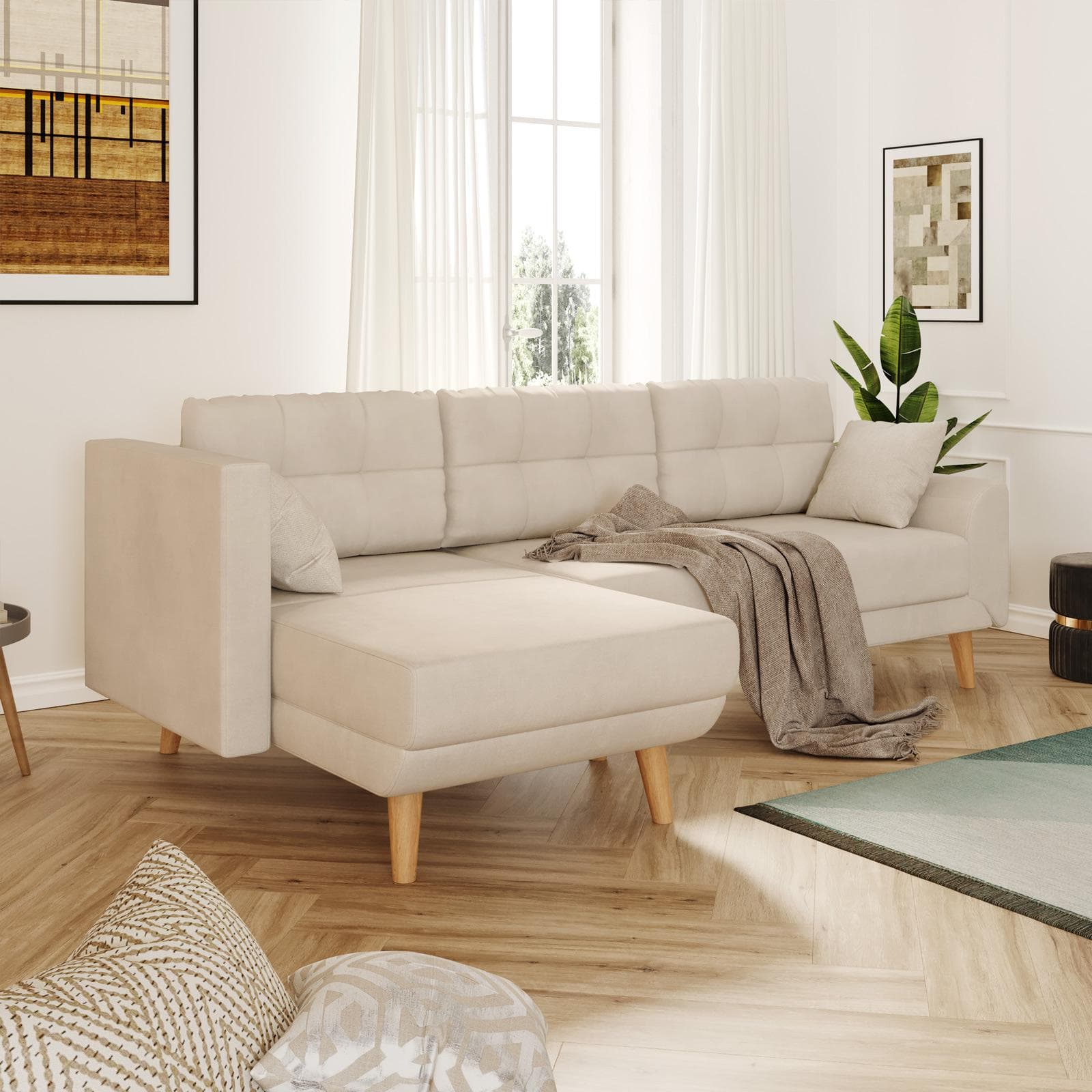 Divano letto angolare tre posti in tessuto crema e gambe in legno - Bekal