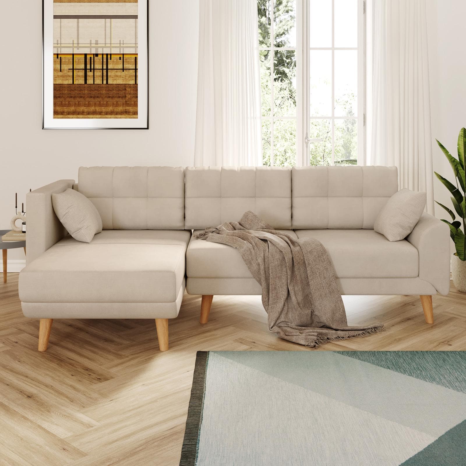 Divano letto angolare tre posti in tessuto crema e gambe in legno - Bekal