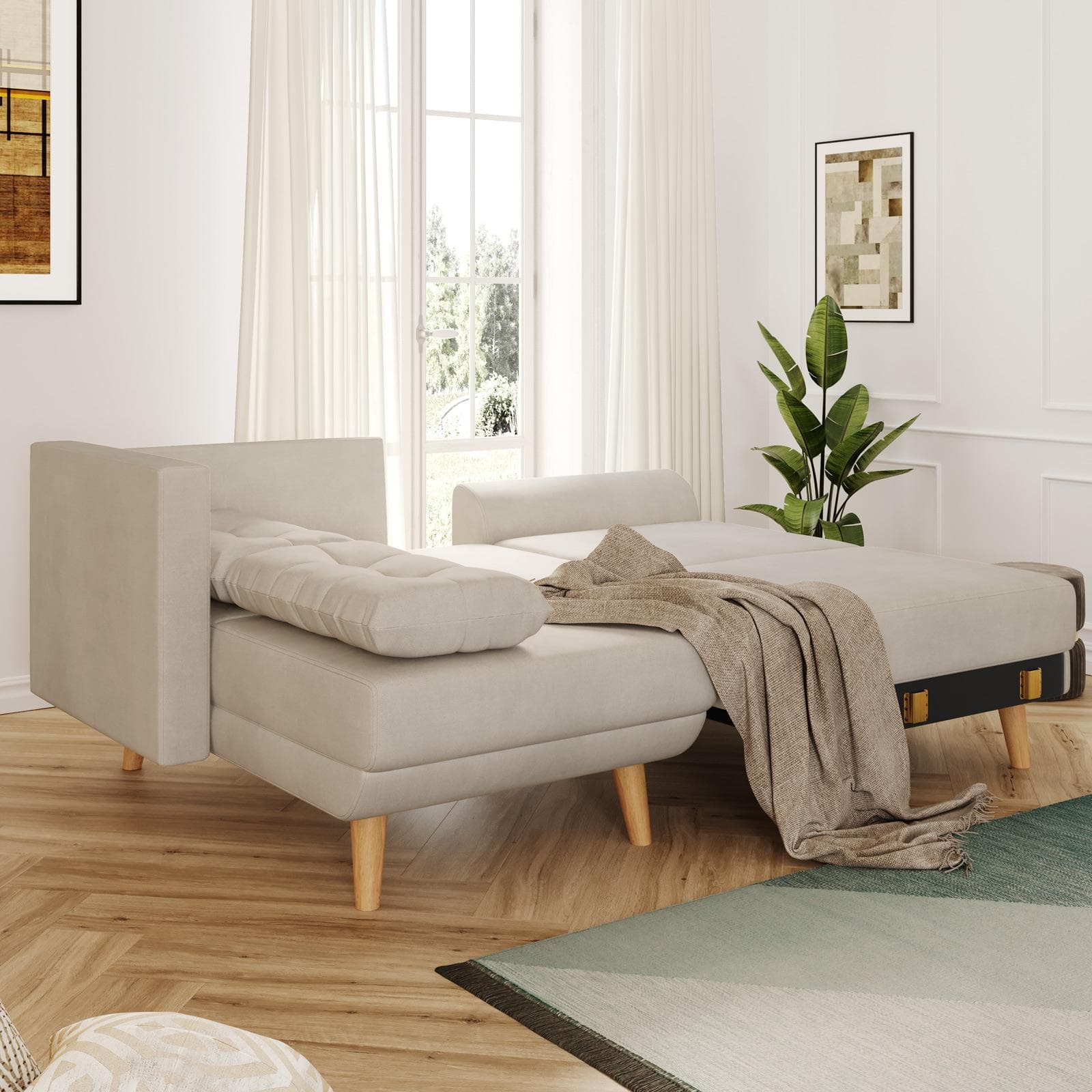 Divano letto angolare tre posti in tessuto crema e gambe in legno - Bekal