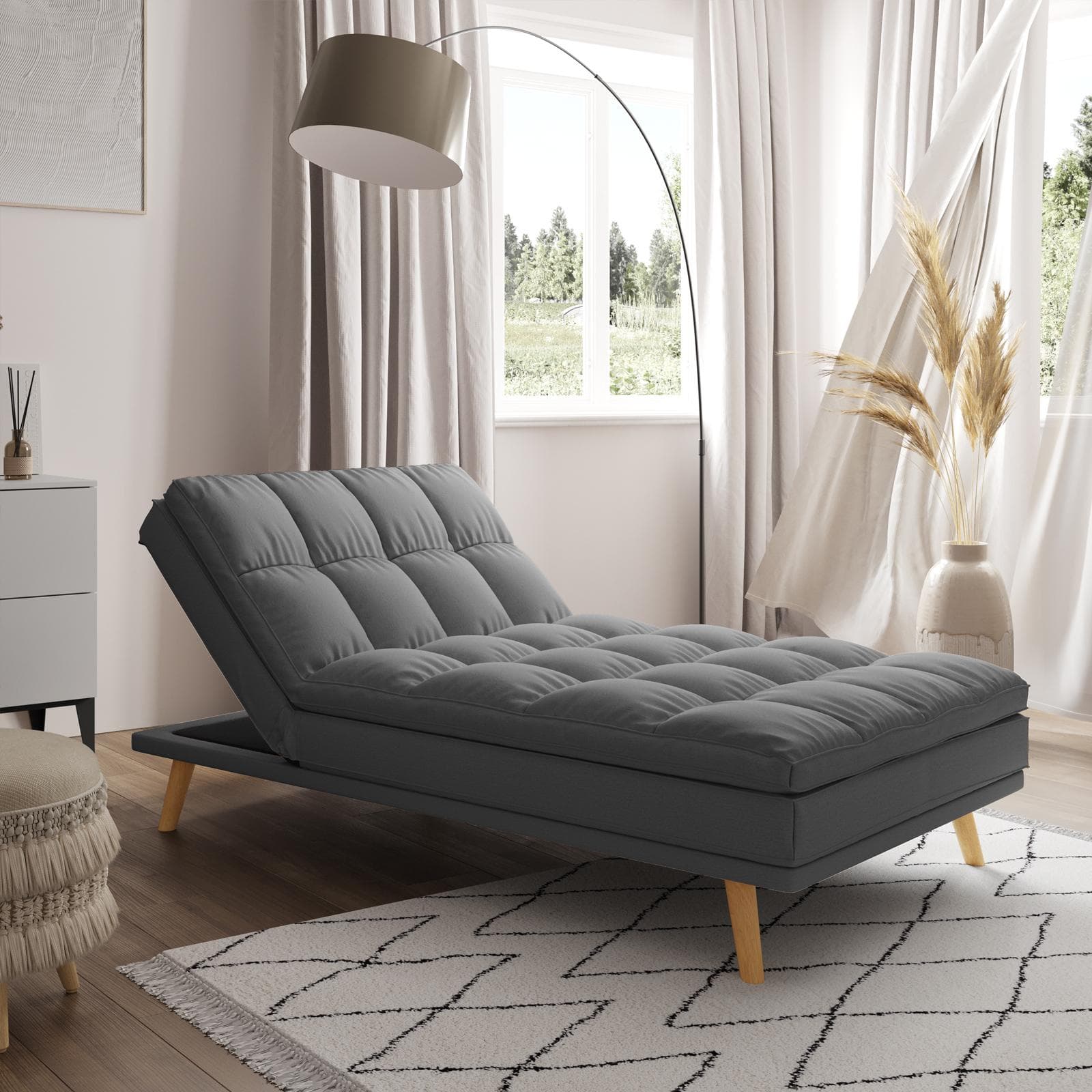 Divano letto in tessuto grigio scuro con schienale e poggiatesta regolabili - Doyle