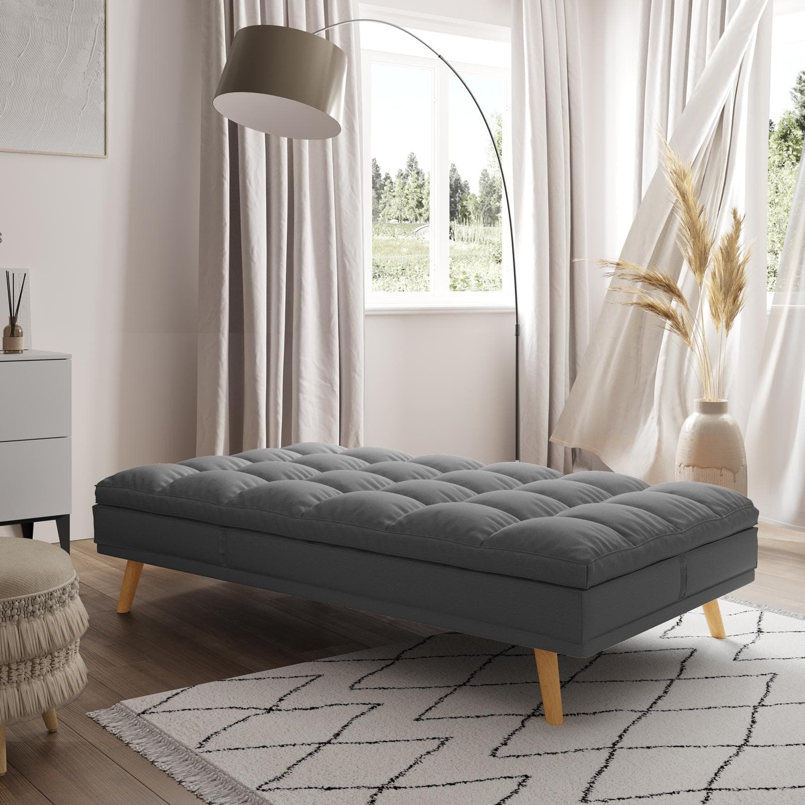 Divano letto in tessuto grigio scuro con schienale e poggiatesta regolabili - Doyle