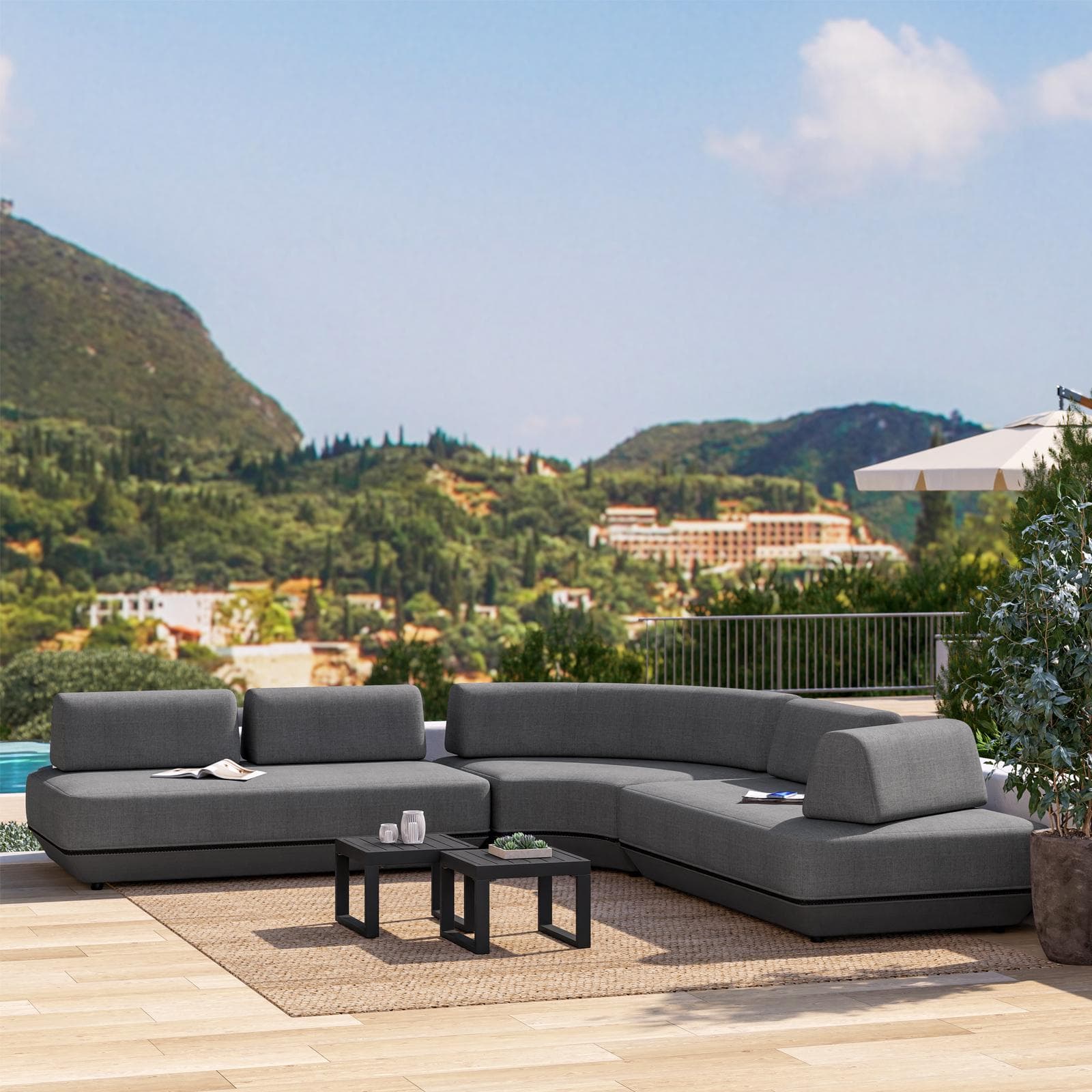 Divano modulare da giardino in tessuto olefin grigio scuro e alluminio antracite - Laela