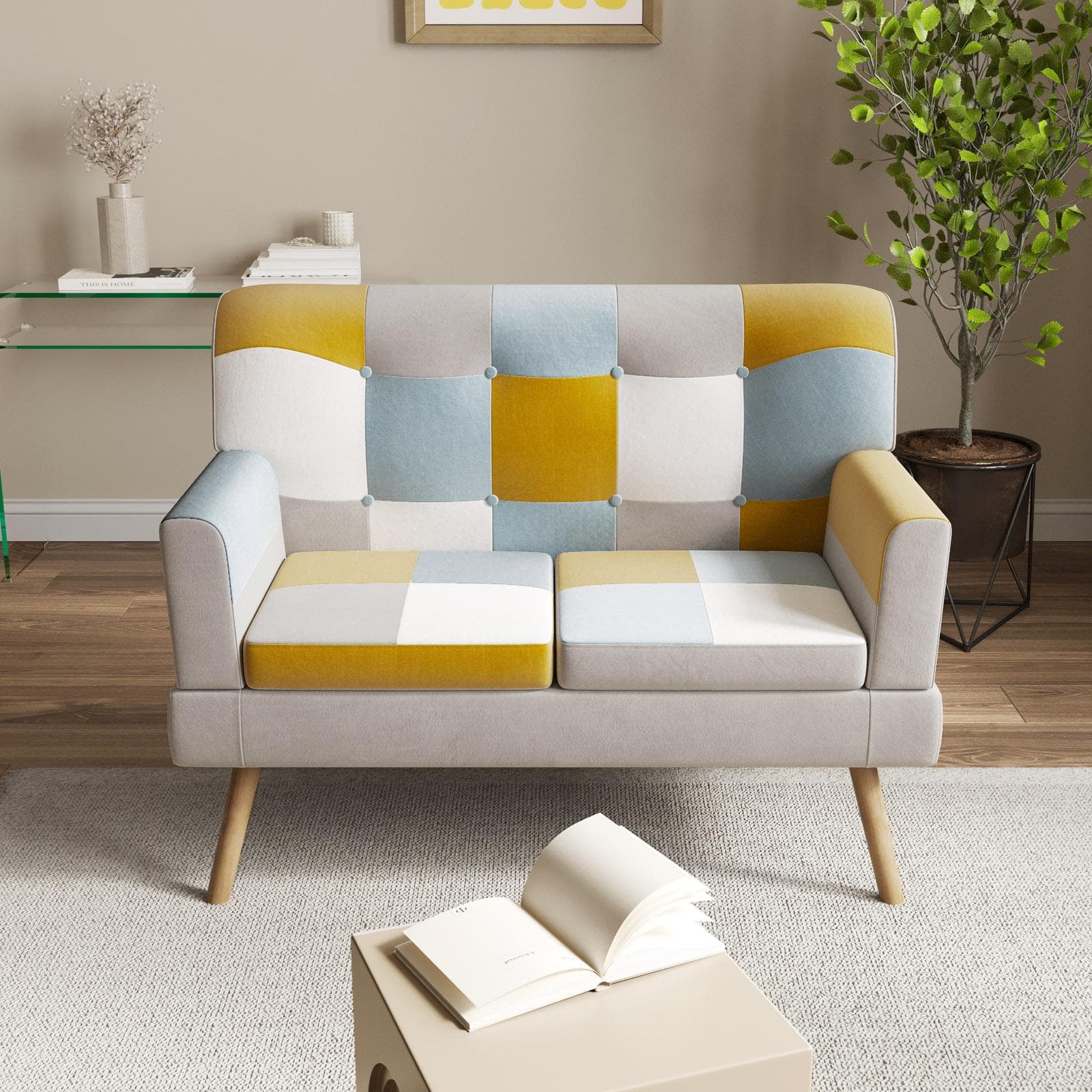 Divano scandinavo 2 posti in tessuto patchwork multicolor giallo - Copenaghen