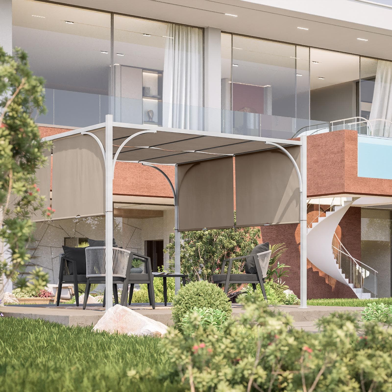 Gazebo 3x3 m con tetto scorrevole ecrù e struttura bianca - Edvige