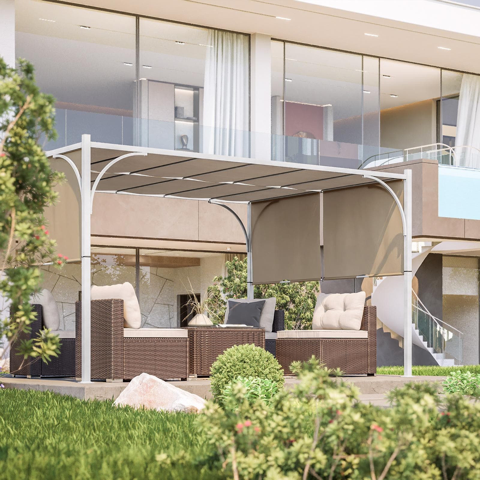 Gazebo 3x4 m con tetto scorrevole ecrù e struttura bianca - Edvige