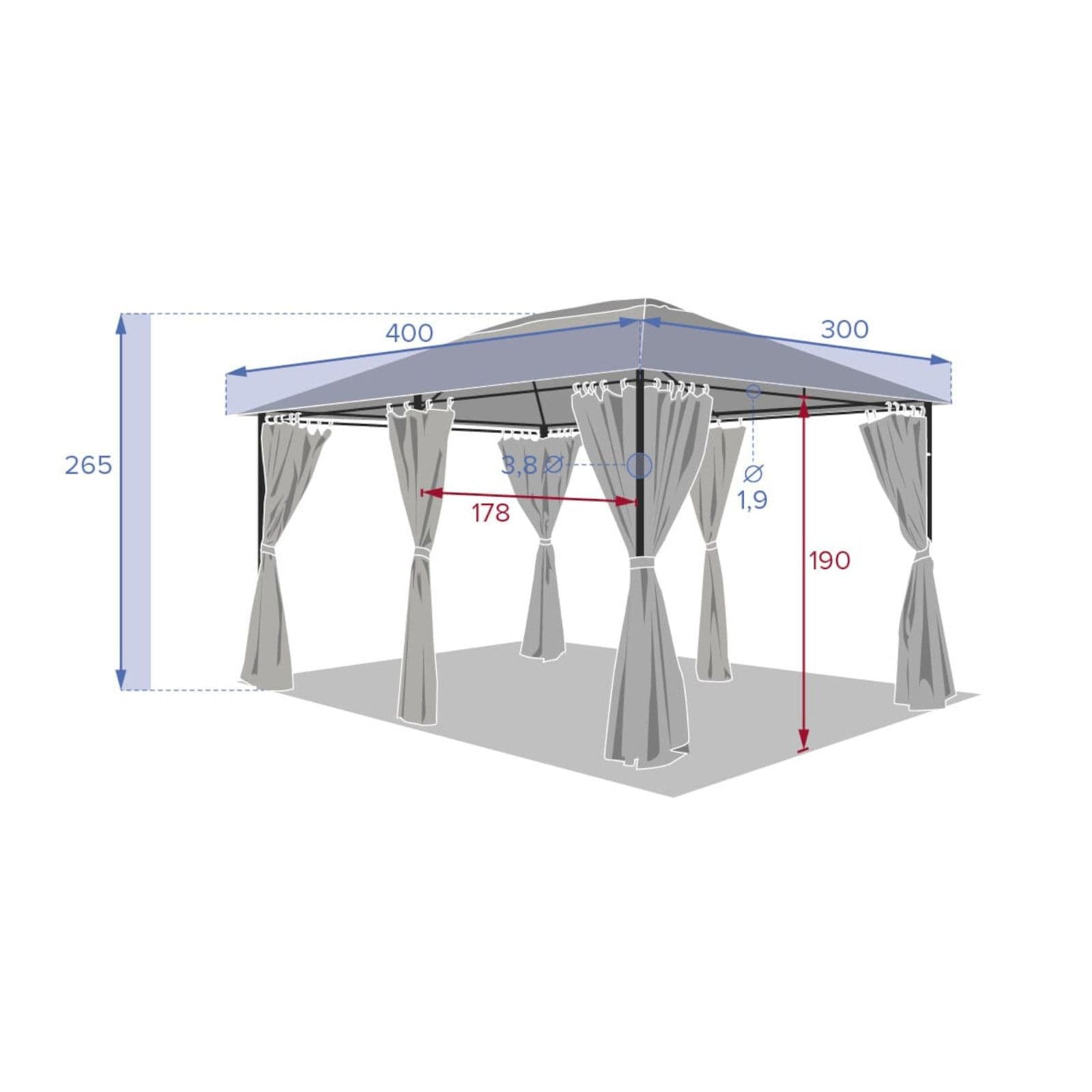Gazebo 4x3 m in acciaio antracite con telo in poliestere grigio - Albury