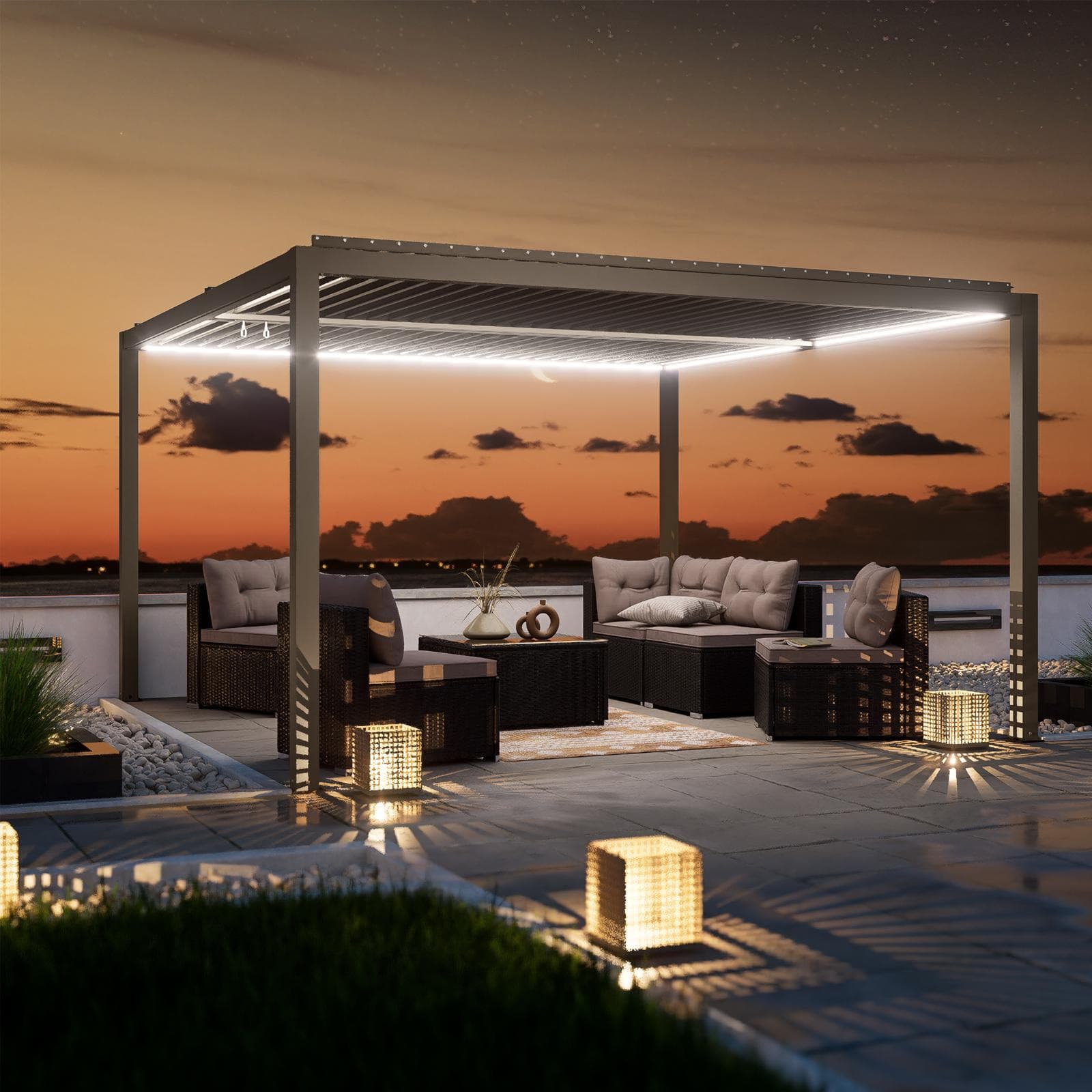 Gazebo led bioclimatico 4x4 m in alluminio tortora - Enea Deluxe