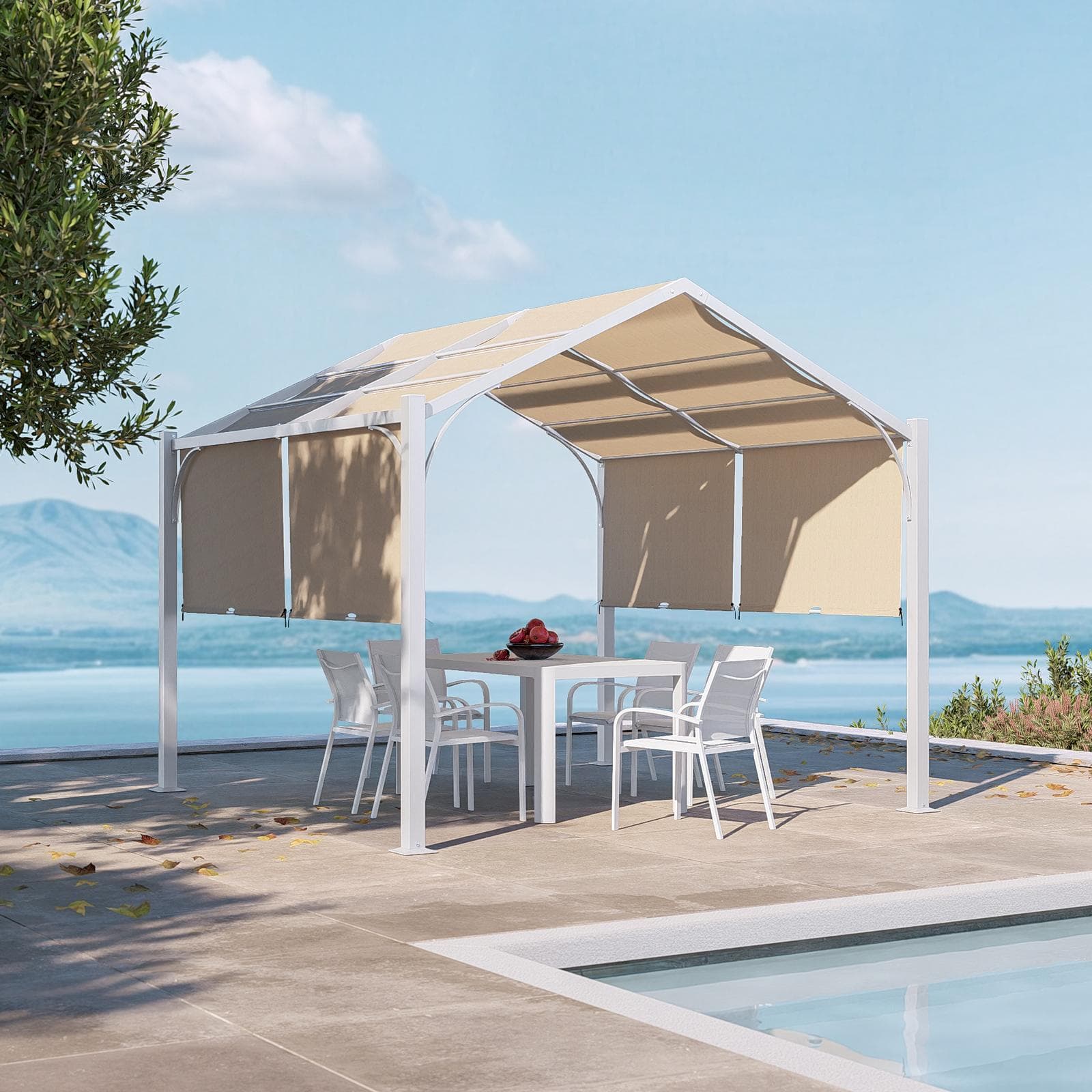 Gazebo piramidale da giardino 3x3 m in acciaio bianco con telo scorrevole ecrù - Fulgore