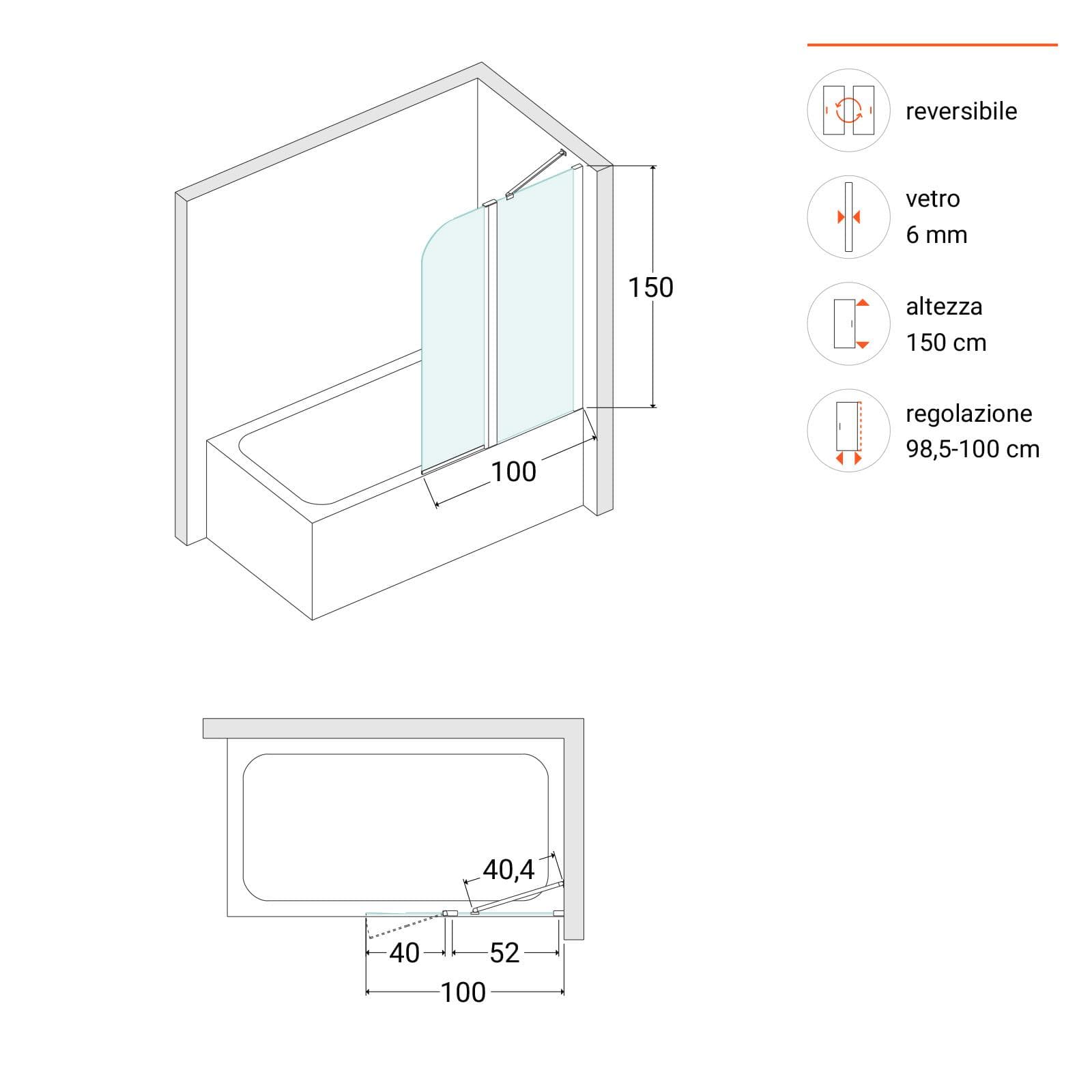 Box sopravasca 100 cm in vetro temperato anticalcare altezza 150 cm reversibile