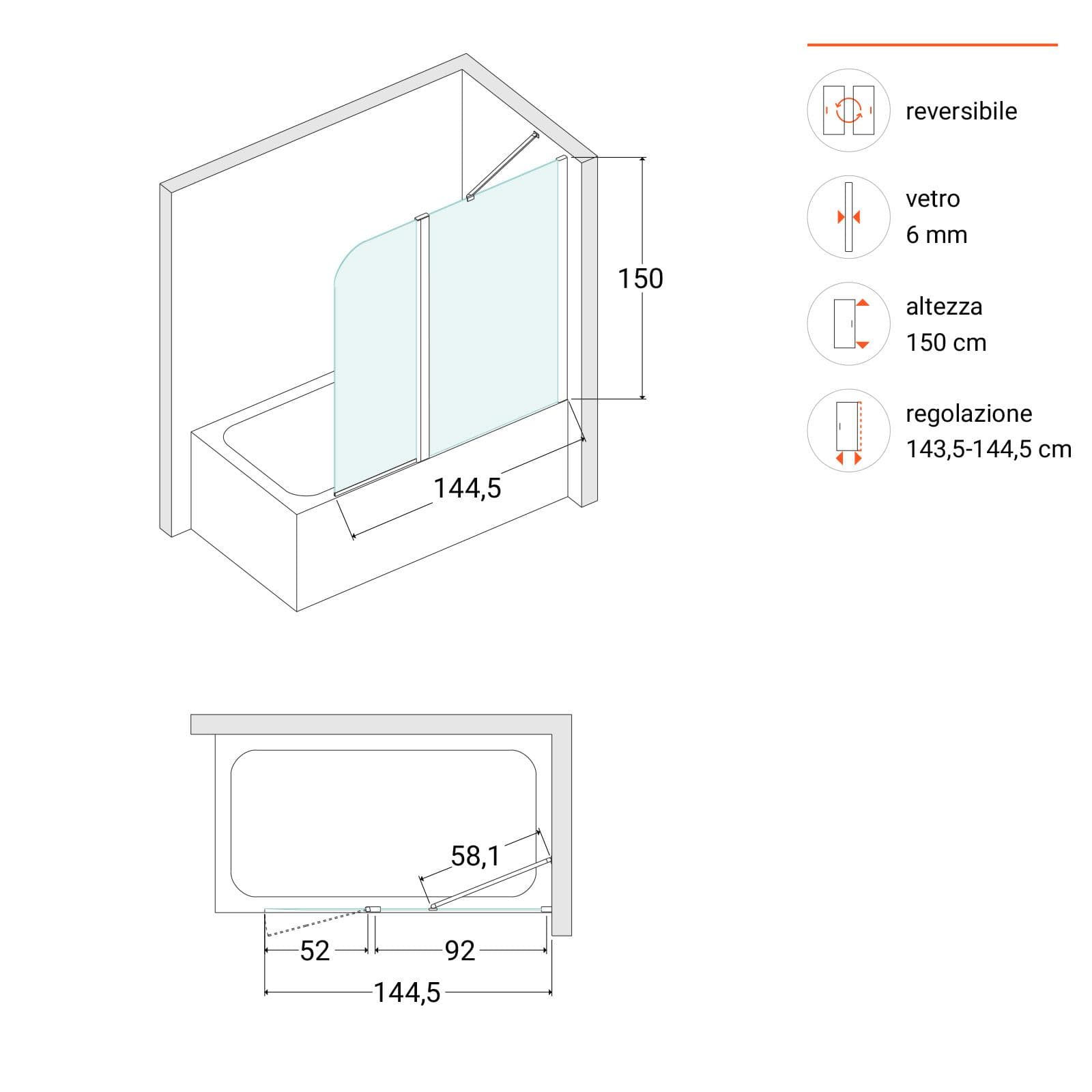 Sopravasca parete 145 cm vetro temperato anticalcare box reversibile