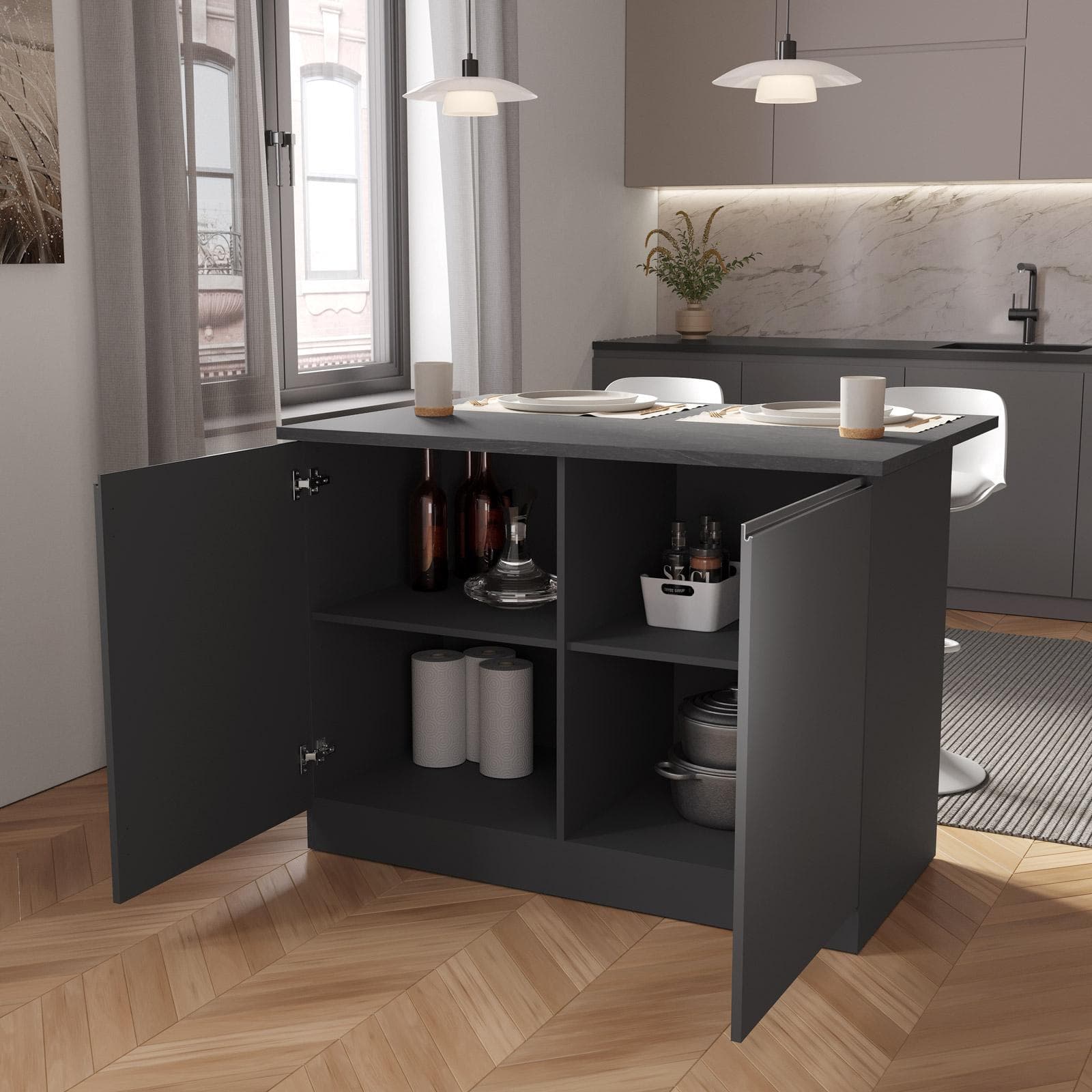 Isola 125x90h cm con 2 ante soft close antracite opaco e grigio report - Maira