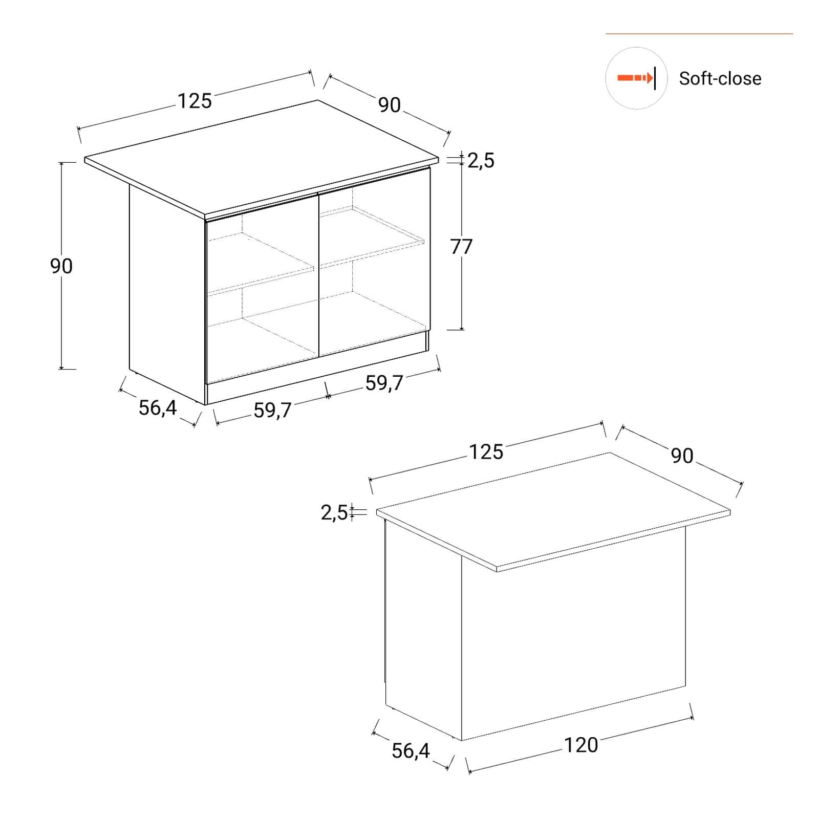 Isola 125x90h cm con 2 ante soft close antracite opaco e grigio report - Maira