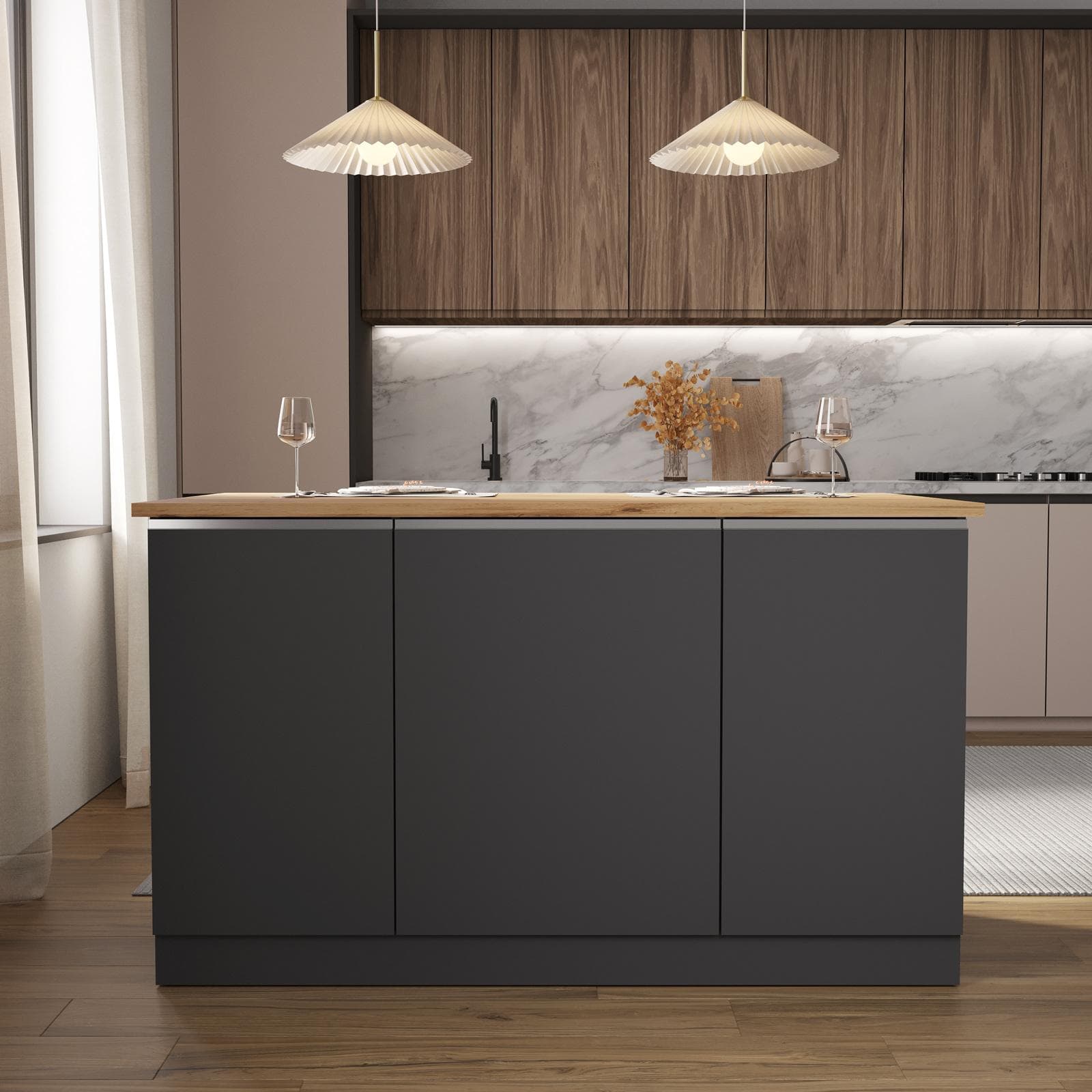 Isola cucina 155x90h cm con 3 ante soft close antracite opaco e rovere wotan - Maira