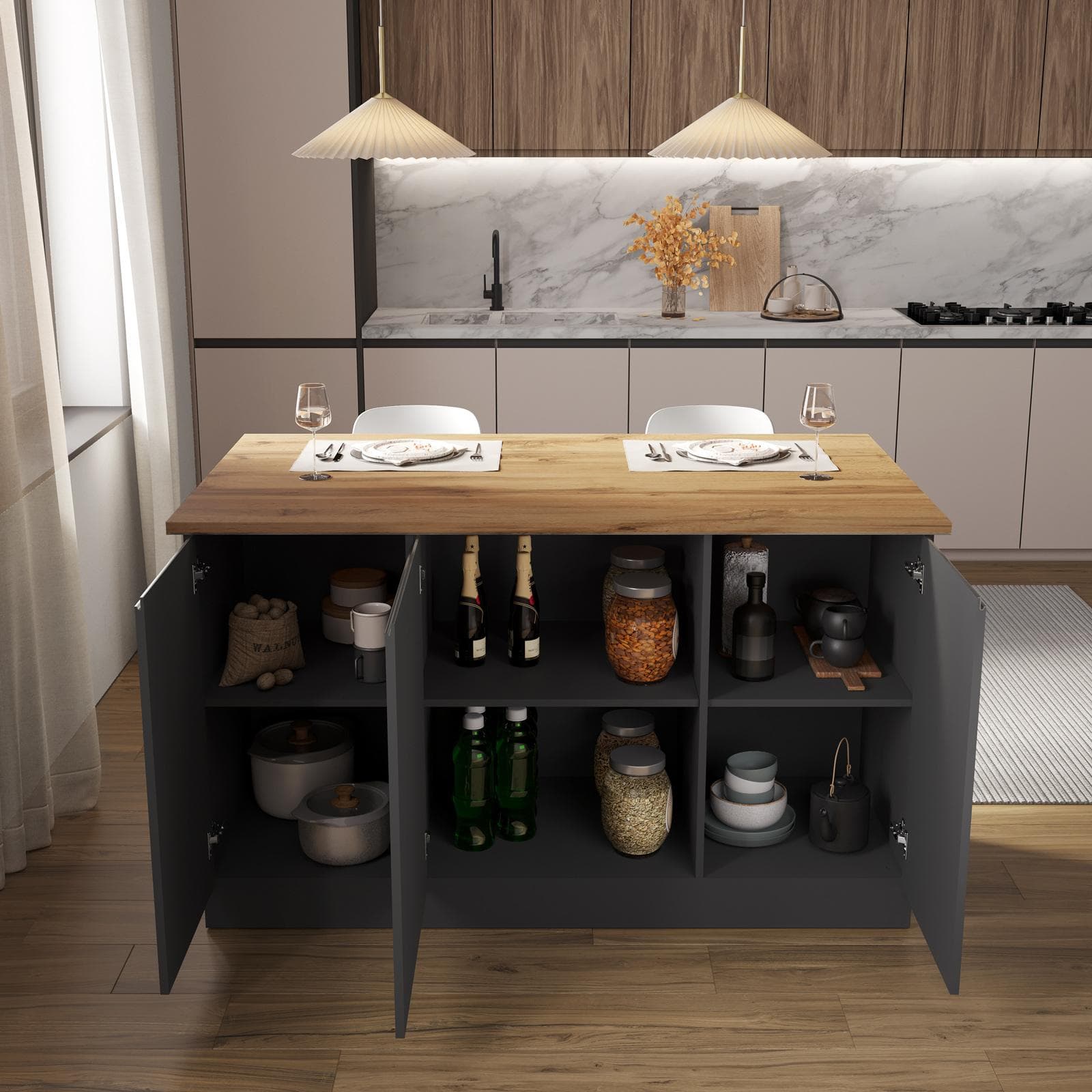 Isola cucina 155x90h cm con 3 ante soft close antracite opaco e rovere wotan - Maira