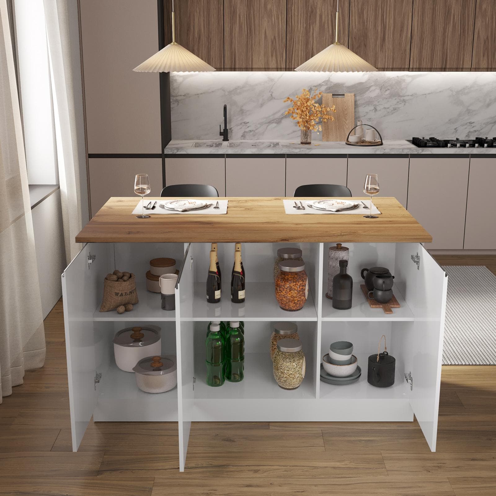 Isola cucina 155x90h cm con 3 ante soft close bianco lucido e rovere wotan - Maira