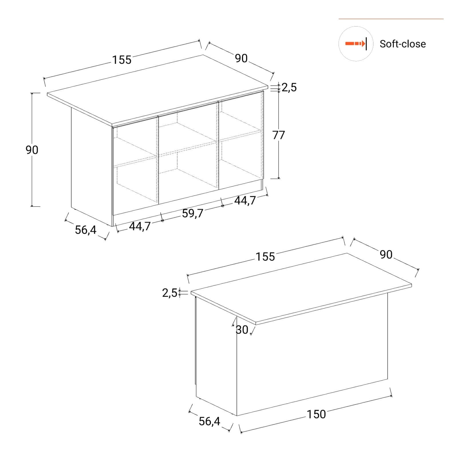 Isola cucina 155x90h cm con 3 ante soft close bianco lucido e rovere wotan - Maira
