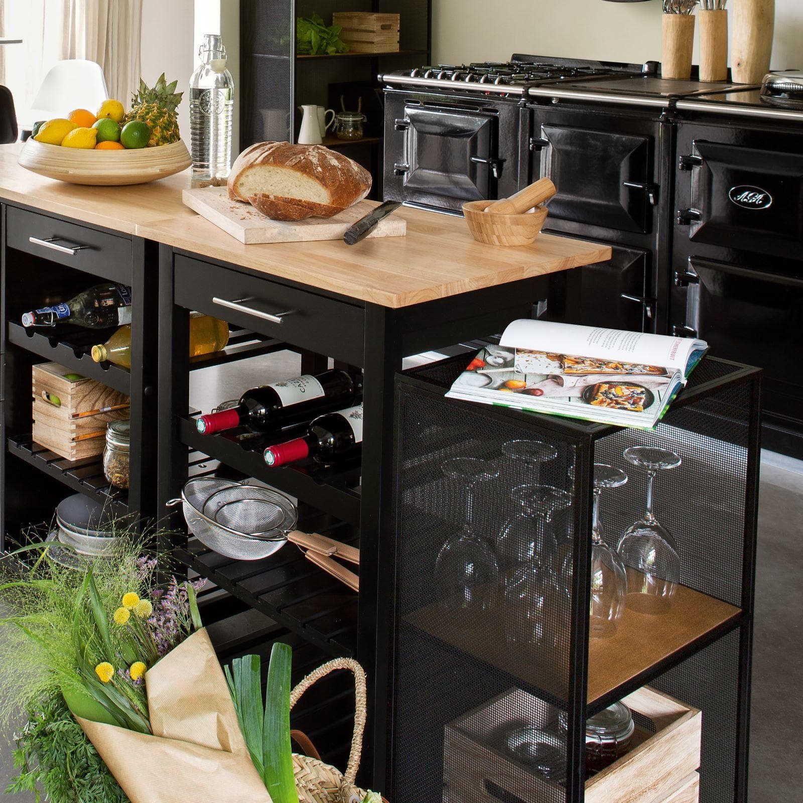 Isola cucina 58x48 cm nero con ruote e top in legno effetto rovere - Claudex