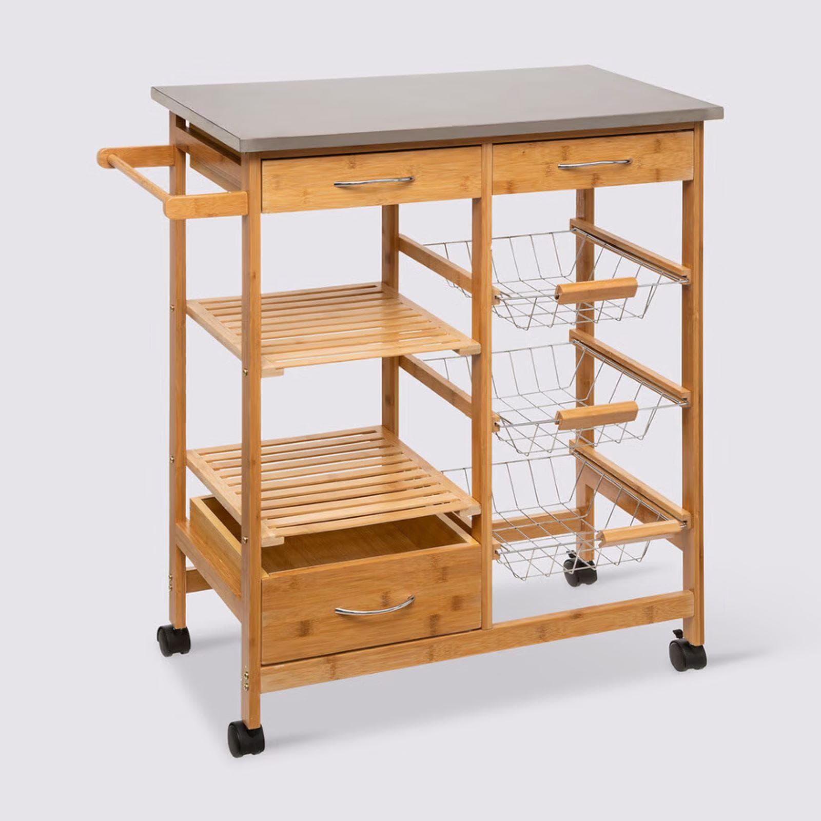Isola cucina 76x37 cm in legno di bambù naturale e top in metallo con ruote e ceste removibili