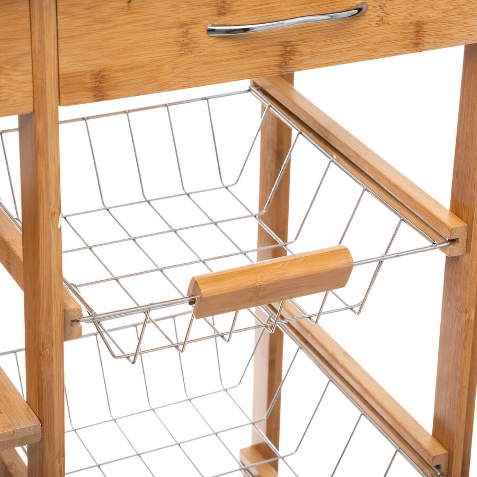 Isola cucina 76x37 cm in legno di bambù naturale e top in metallo con ruote e ceste removibili