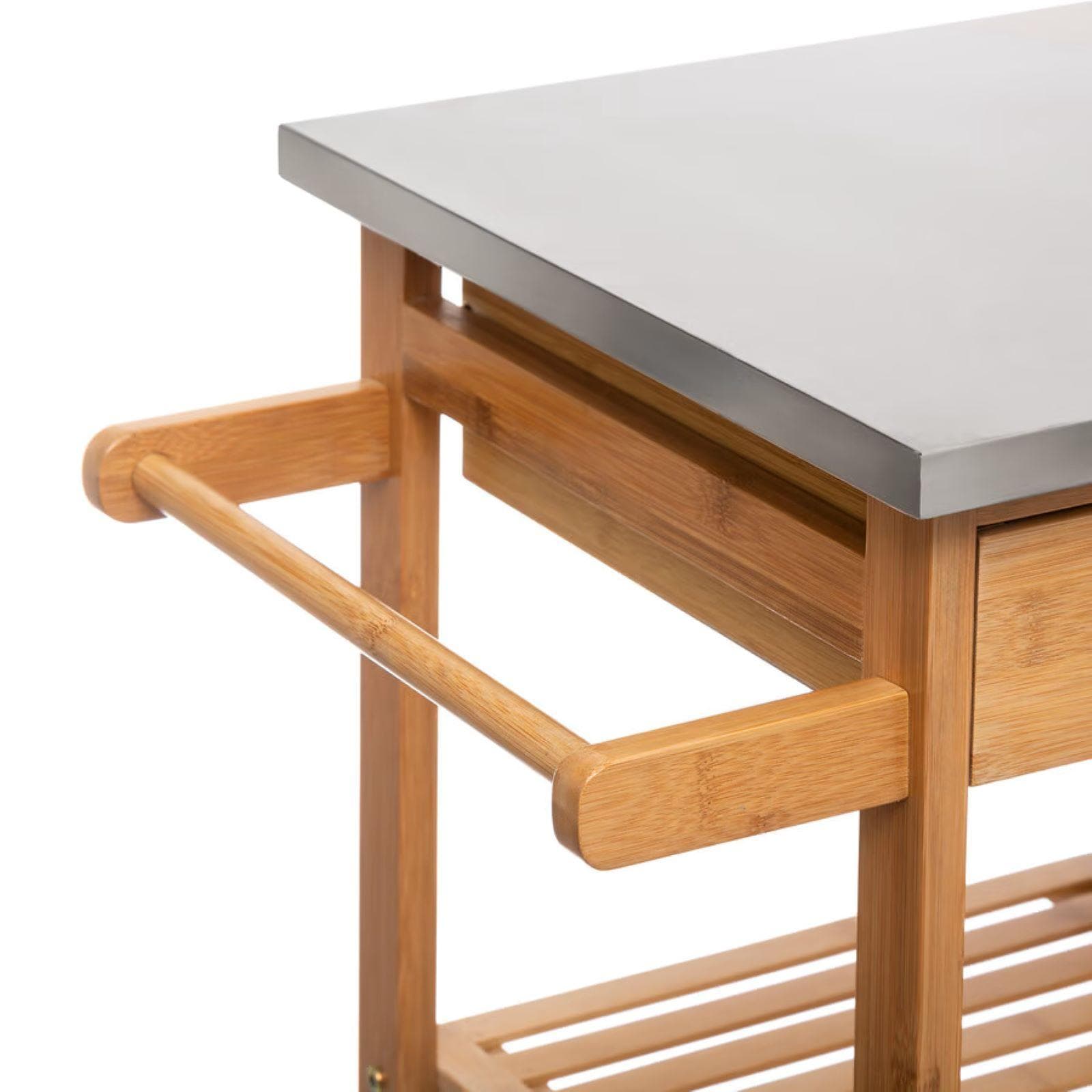 Isola cucina 76x37 cm in legno di bambù naturale e top in metallo con ruote e ceste removibili