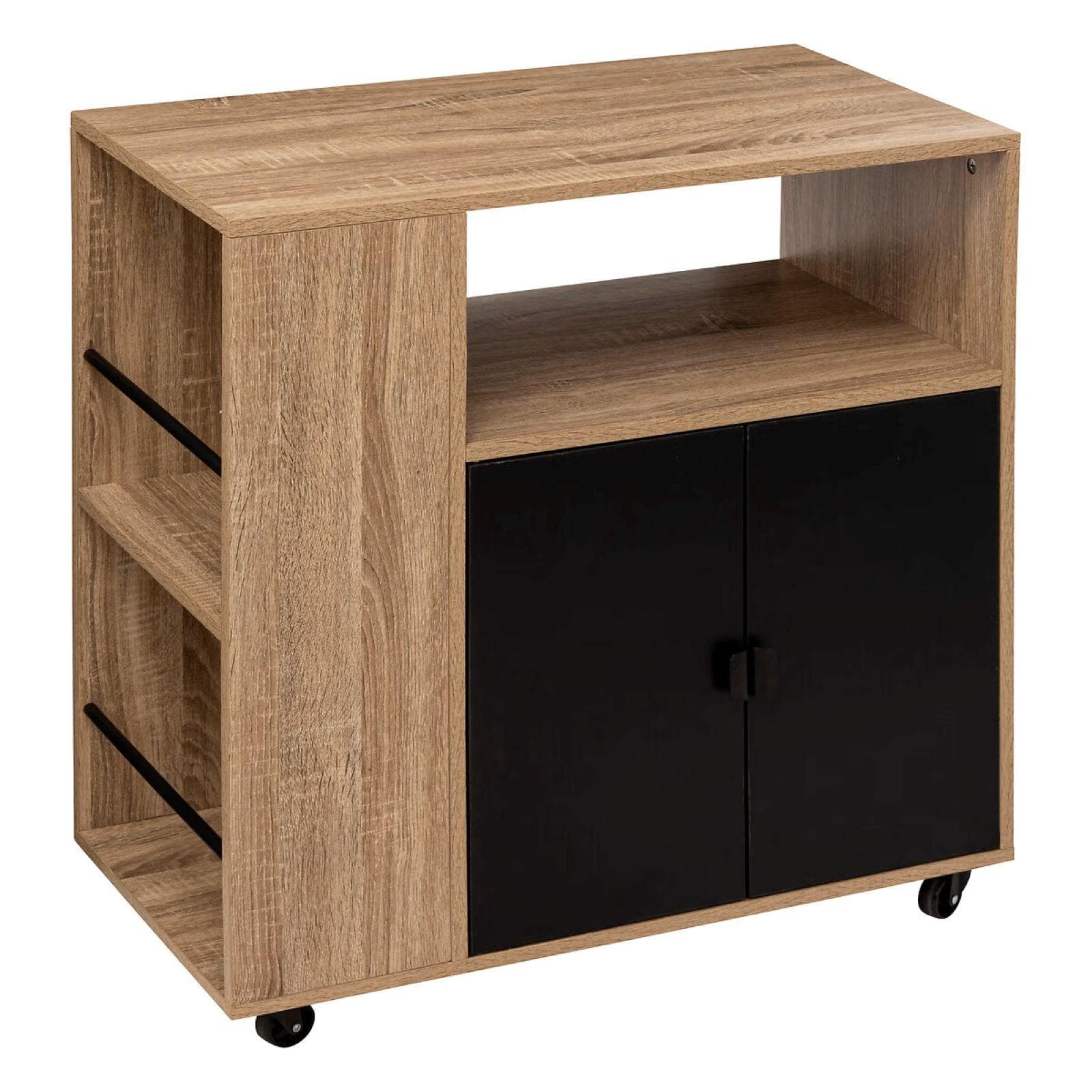 Isola cucina 76x80h cm reversibile effetto rovere e nero con 2 ante e ruote - Emyl