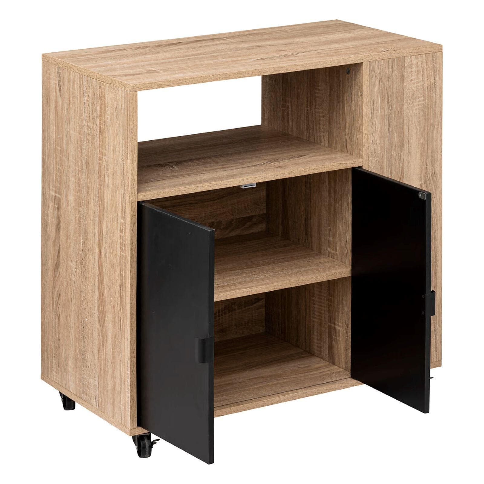 Isola cucina 76x80h cm reversibile effetto rovere e nero con 2 ante e ruote - Emyl