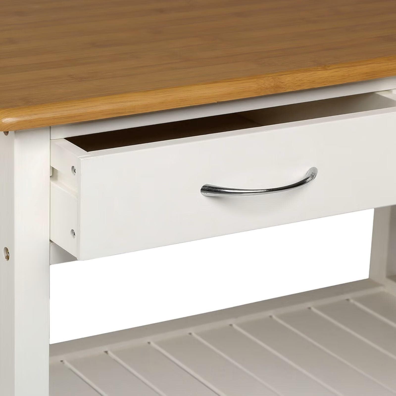 Isola cucina 78x48 cm in legno di bambù naturale e bianco con ruote e 2 cassetti