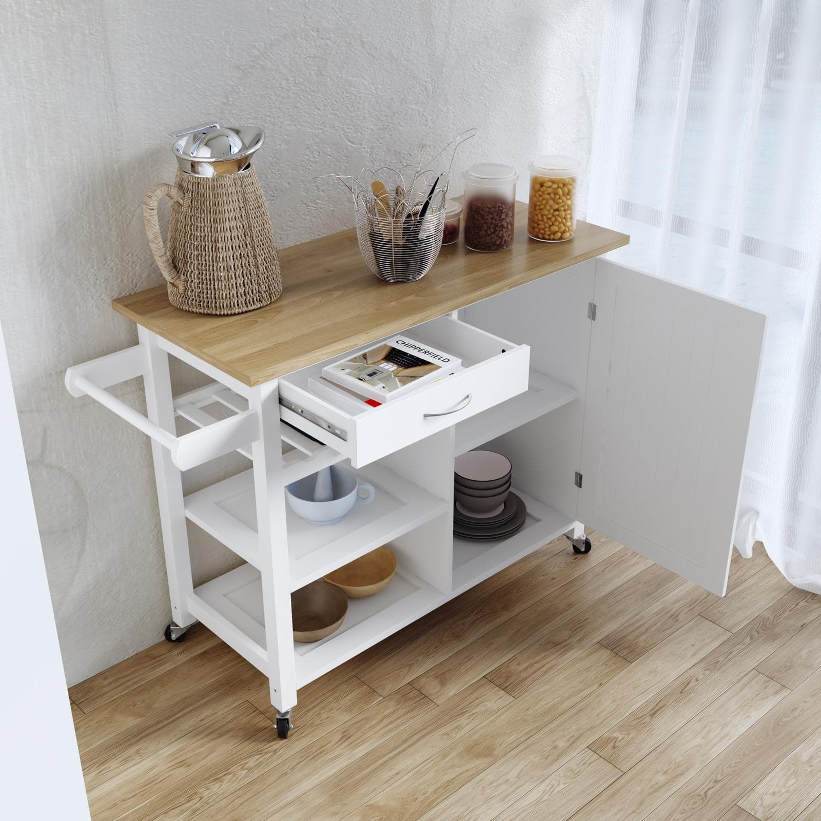 Isola da cucina 105x89h cm bianco con top rovere chiaro e ruote - Odillia