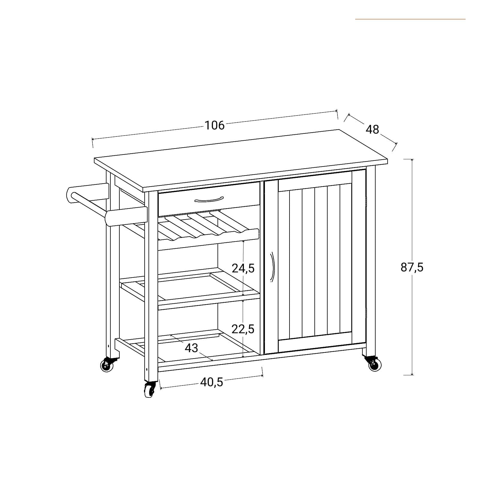 Isola da cucina 105x89h cm bianco con top rovere chiaro e ruote - Odillia