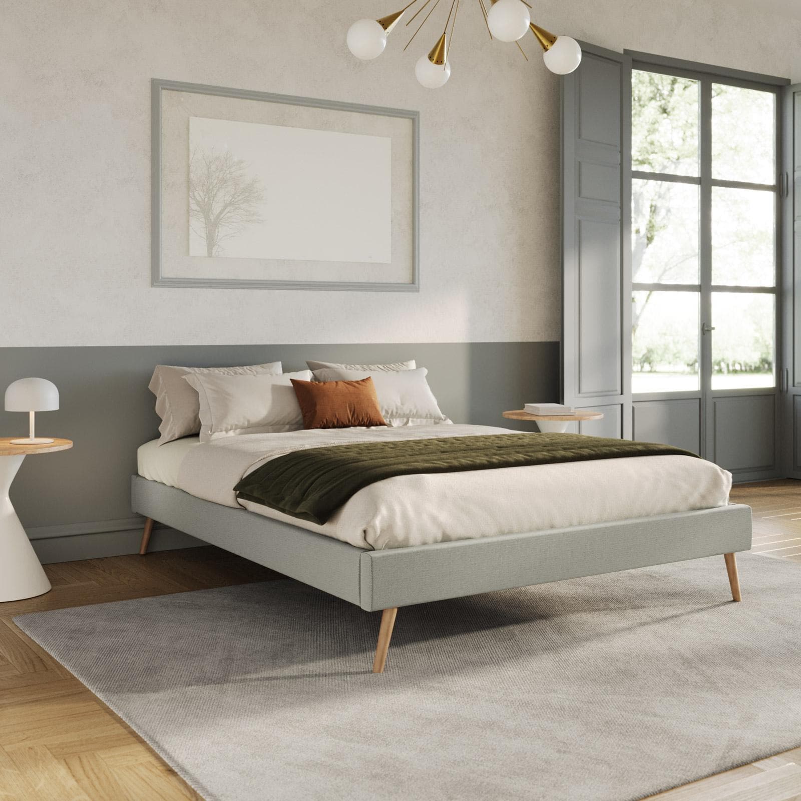 Kit letto matrimoniale 160x200 cm in tessuto grigio chiaro con materasso e topper in memory + 2 guanciali - Anker