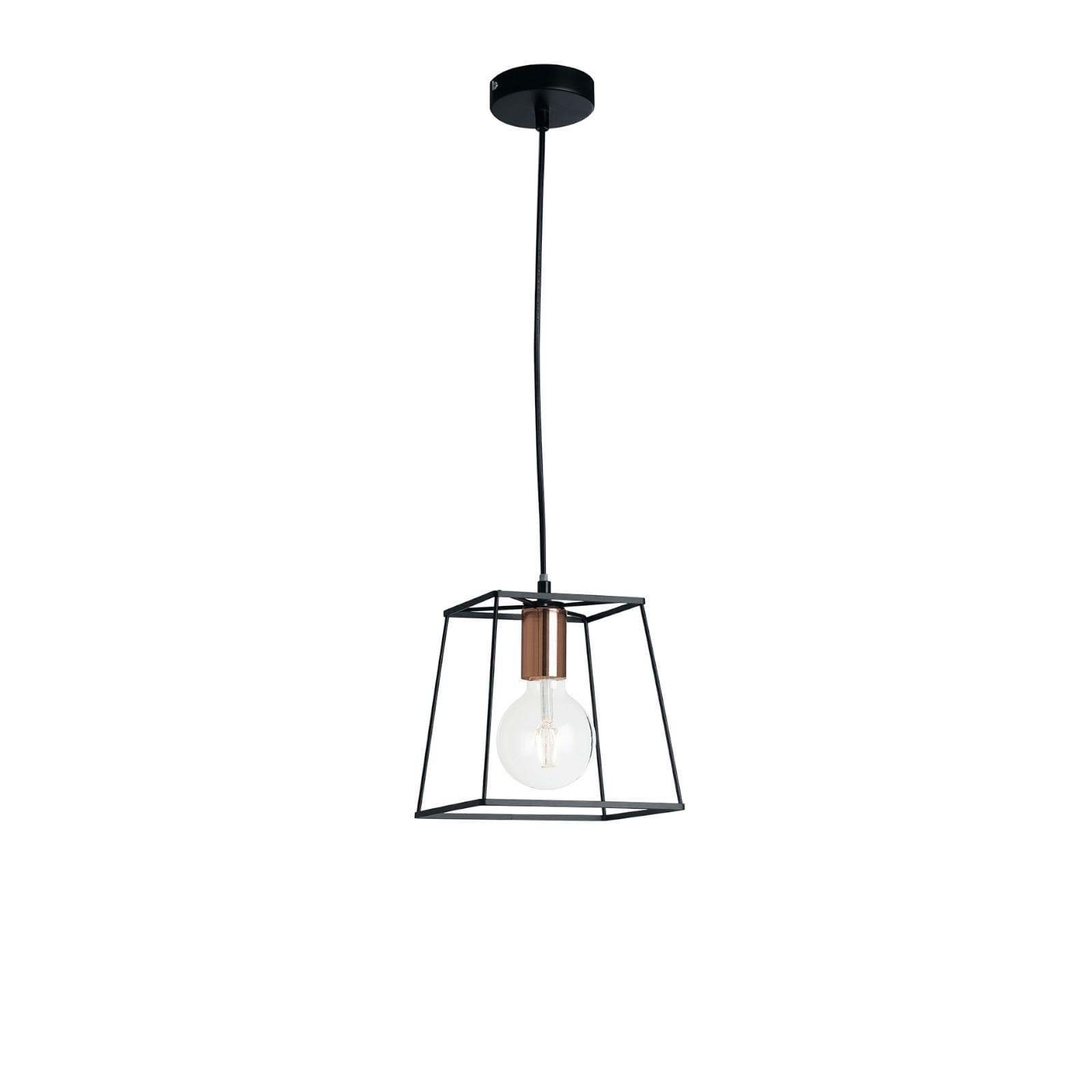 Lampada a sospensione 20x20 cm in metallo nero e portalampade in rame