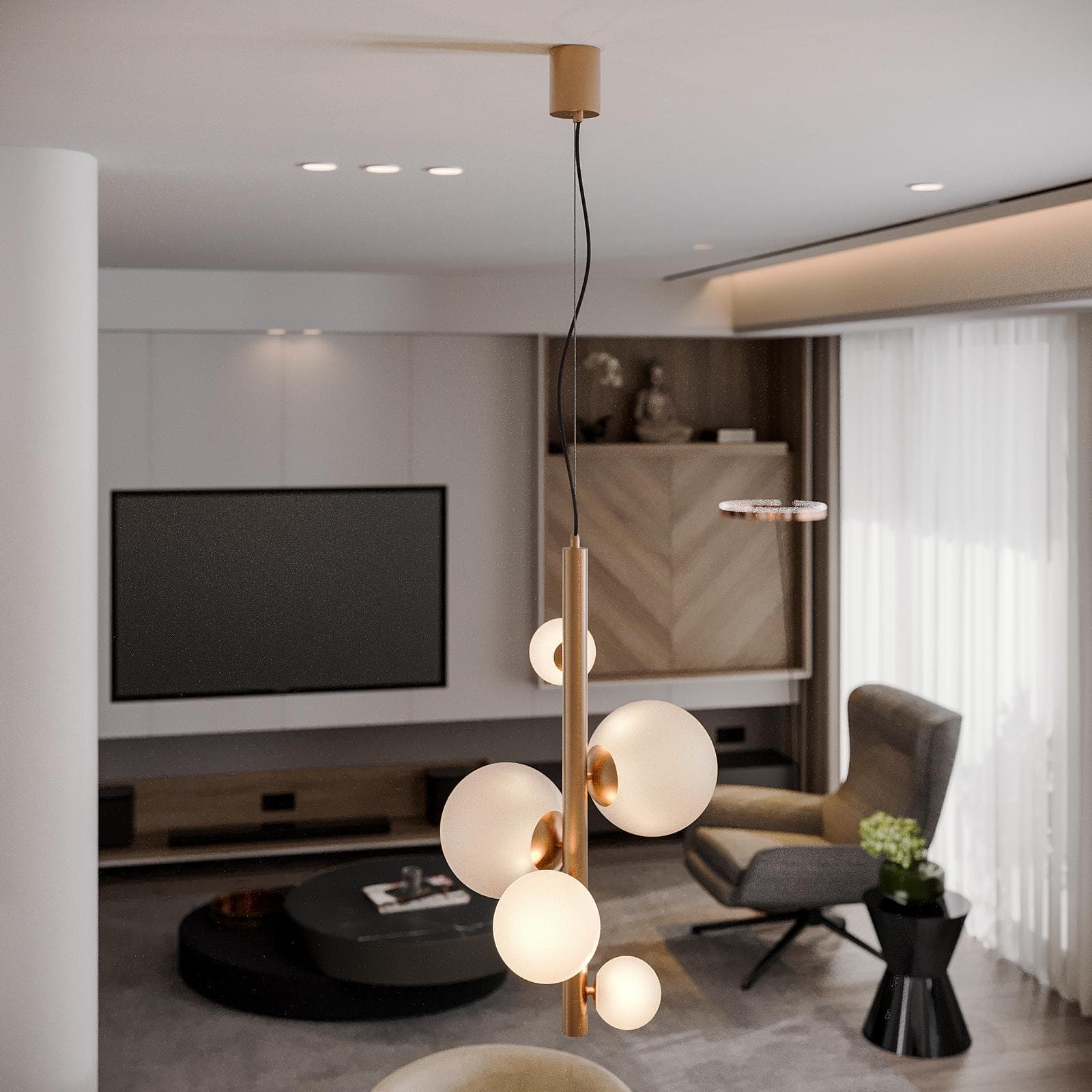 Lampada a sospensione da interno 45x180h cm oro rosa in vetro soffiato bianco