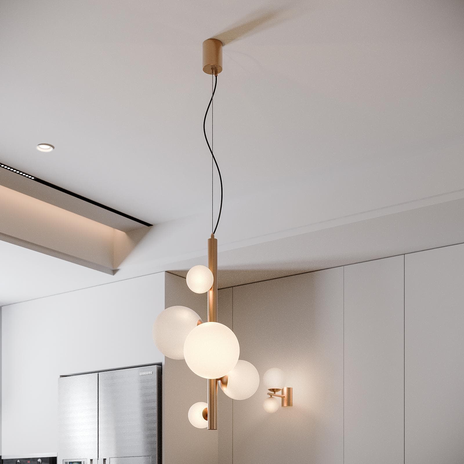 Lampada a sospensione da interno 45x180h cm oro rosa in vetro soffiato bianco