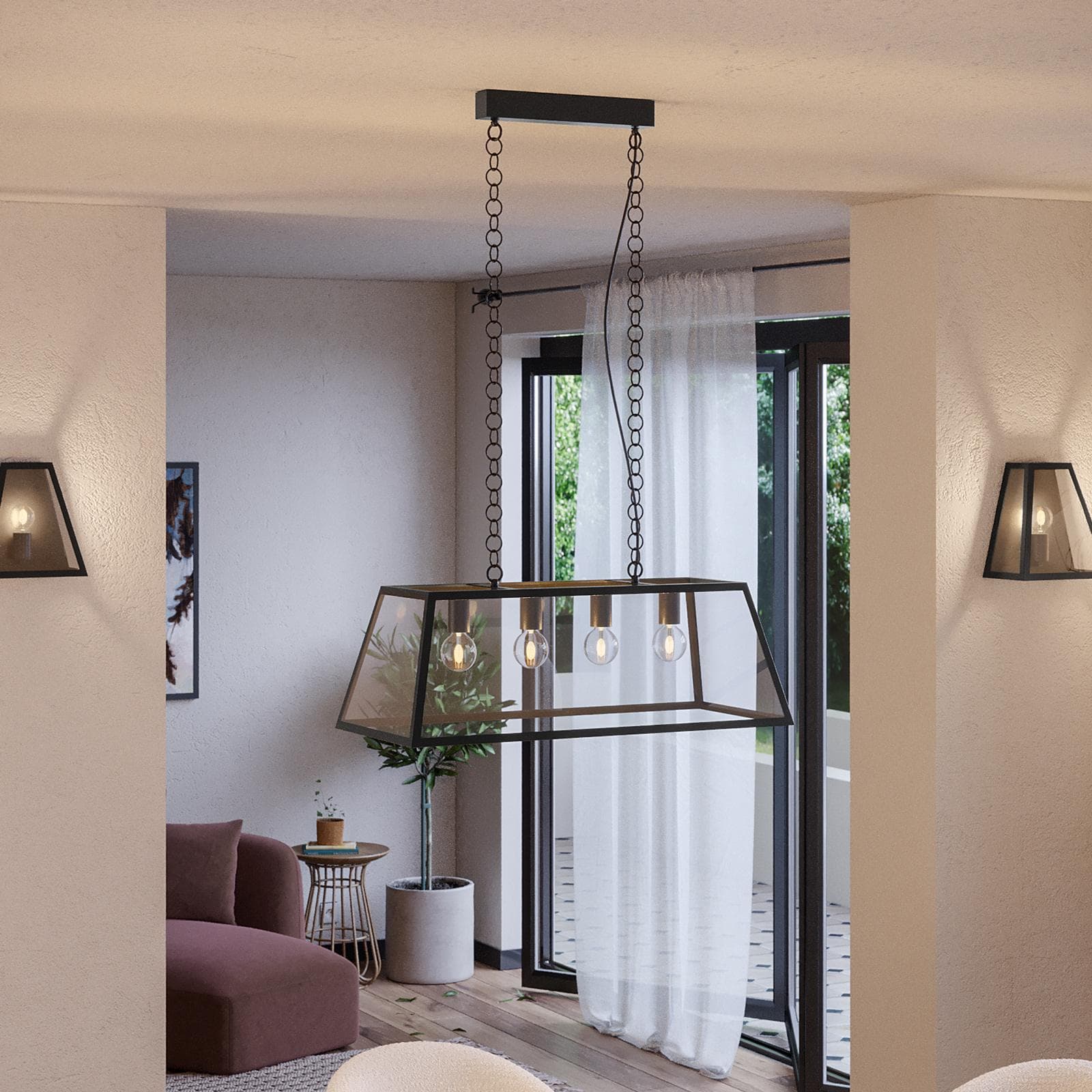 Lampada a sospensione da interno 80x35x113h cm in metallo nero con vetro