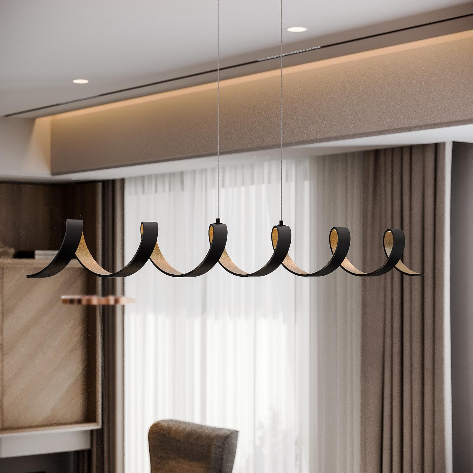 Lampada da soffitto a luce calda 120h cm in alluminio nero goffrato e interno oro