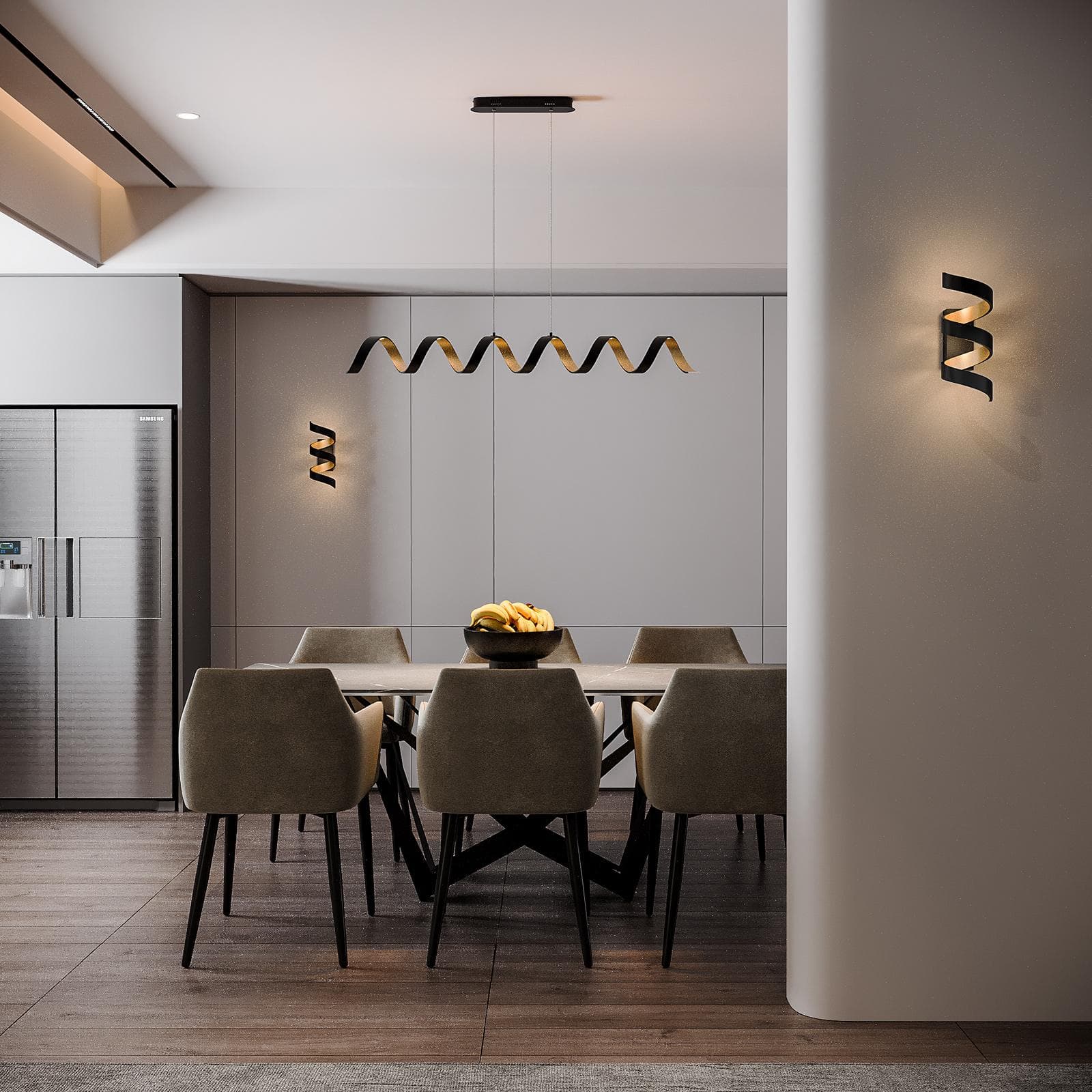 Lampada da soffitto a luce calda 120h cm in alluminio nero goffrato e interno oro