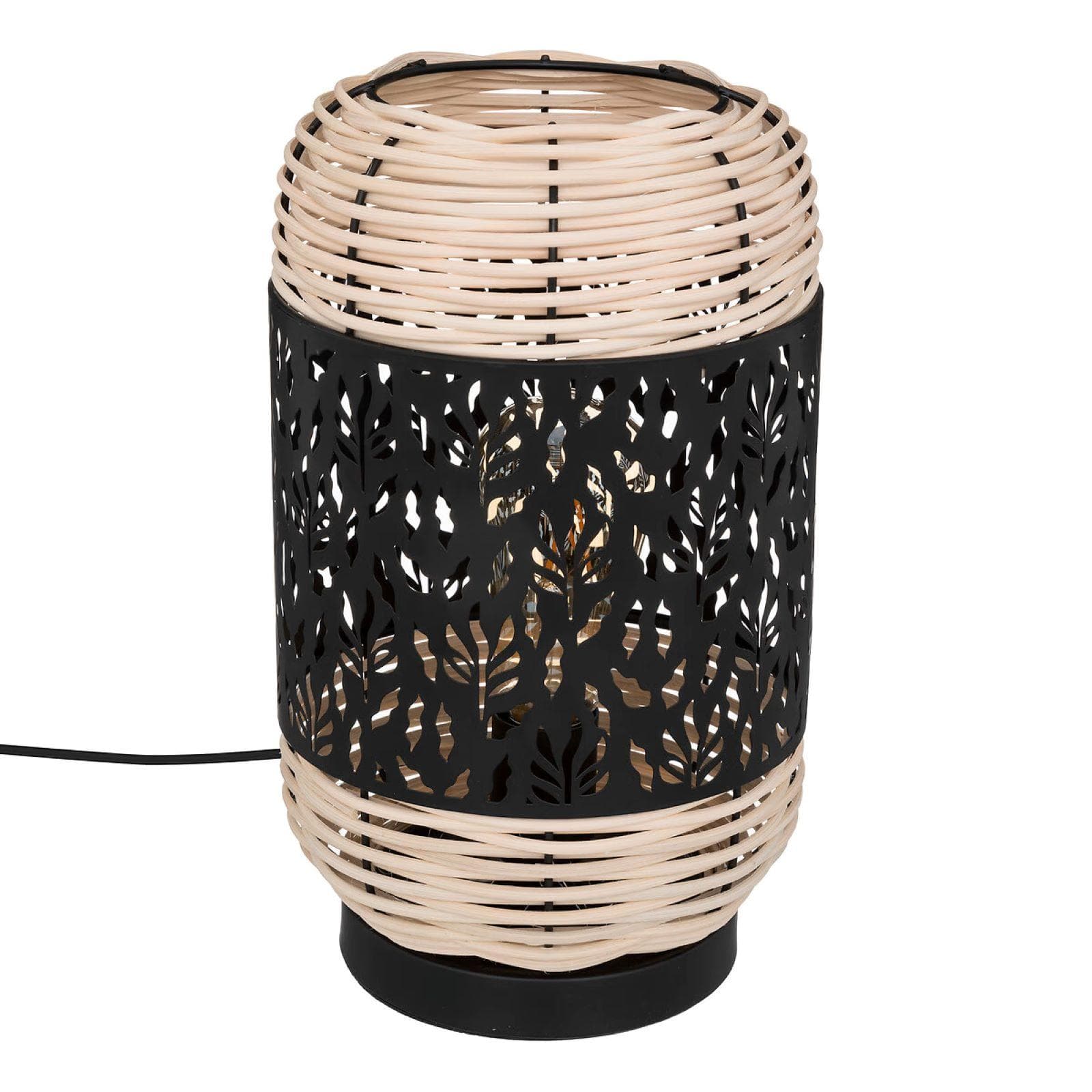Lampada da tavolo 30h cm a cilindro in metallo nero e rattan naturale