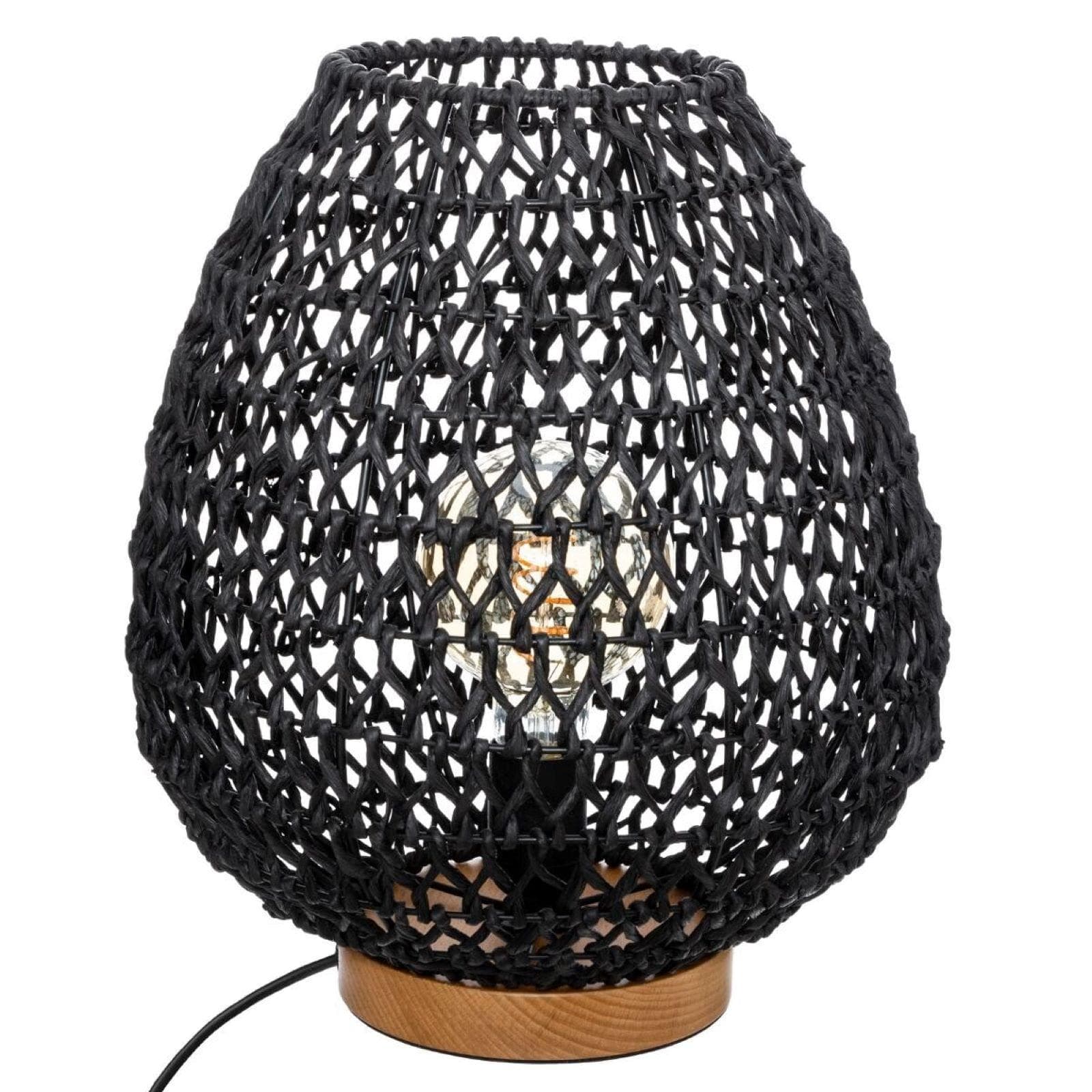 Lampada da tavolo 36h cm intrecciata in corda nero con base in legno di faggio - Enrika