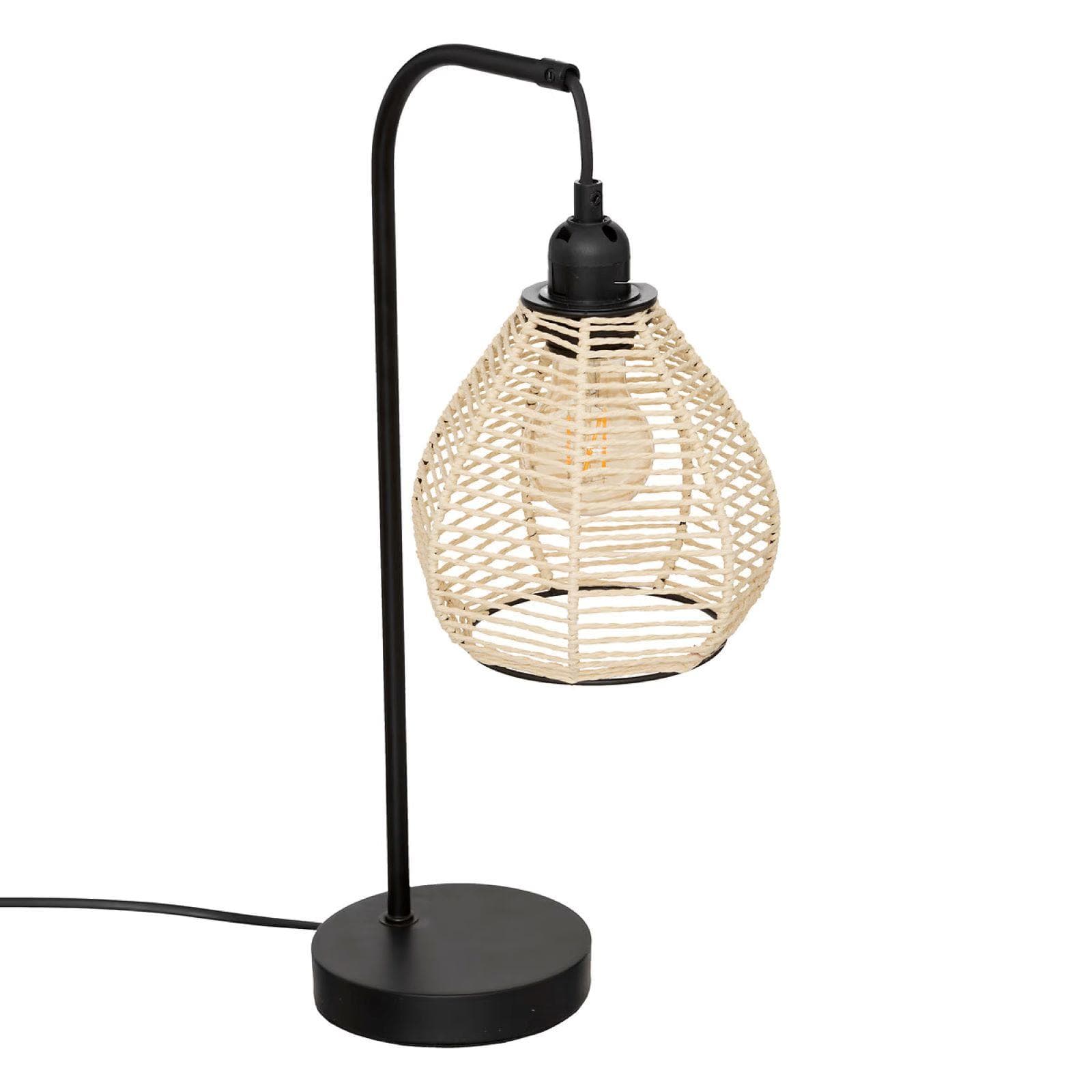 Lampada da tavolo 48h cm in metallo nero e paralume intrecciato in corda