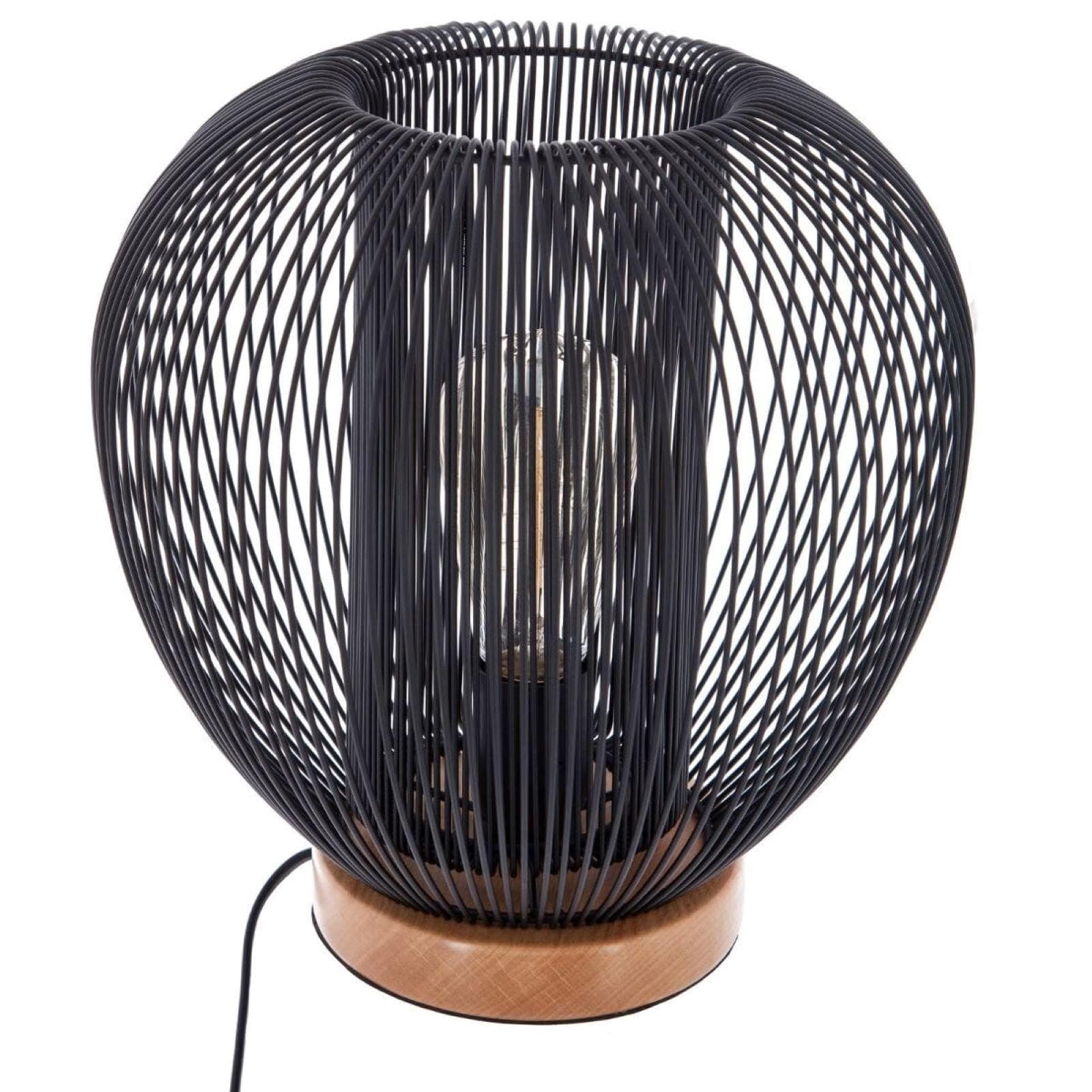 Lampada da tavolo rotonda 28 cm in metallo nero e base in legno di faggio