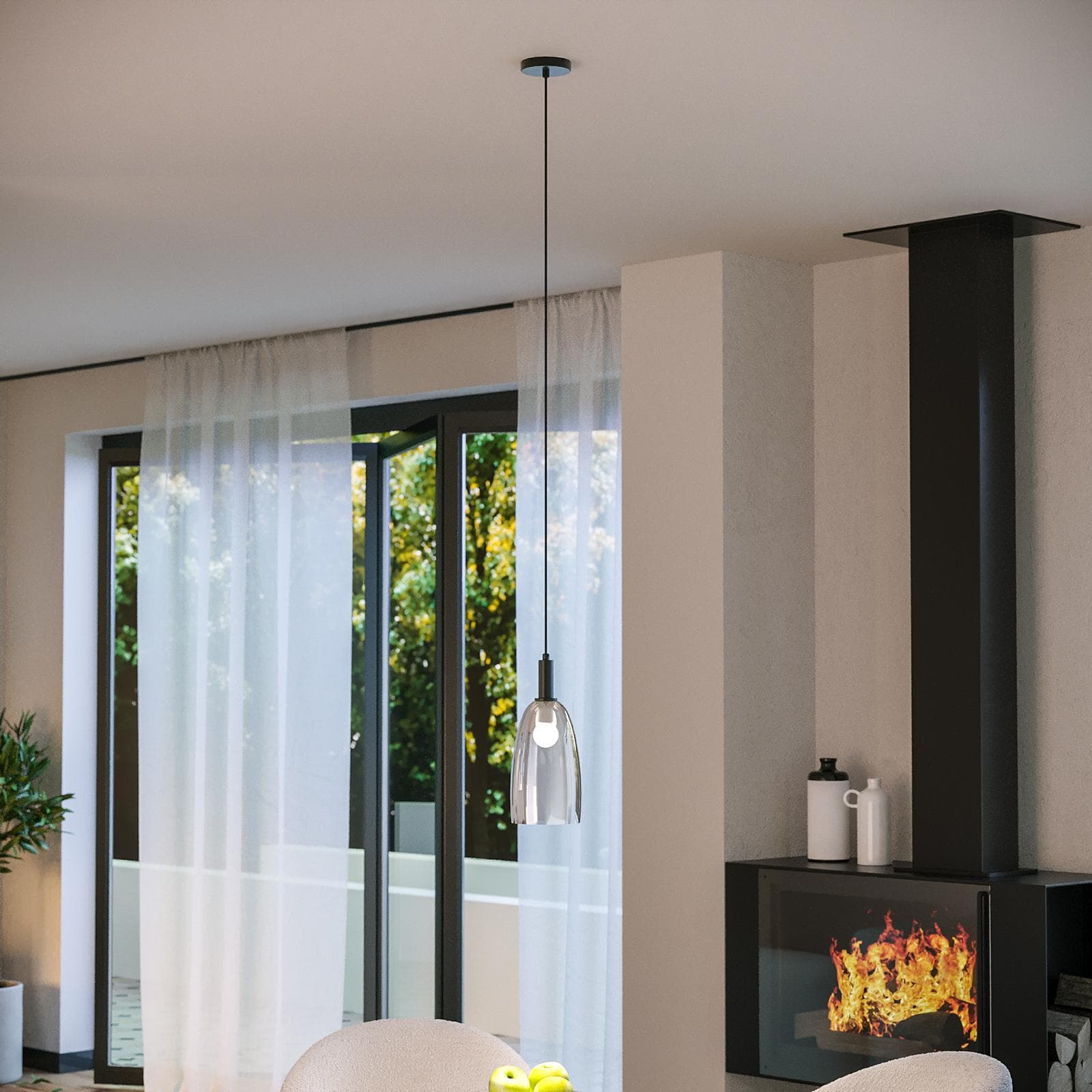 Lampada sospesa 14x150 h cm in metallo nero con diffusore in vetro cromo