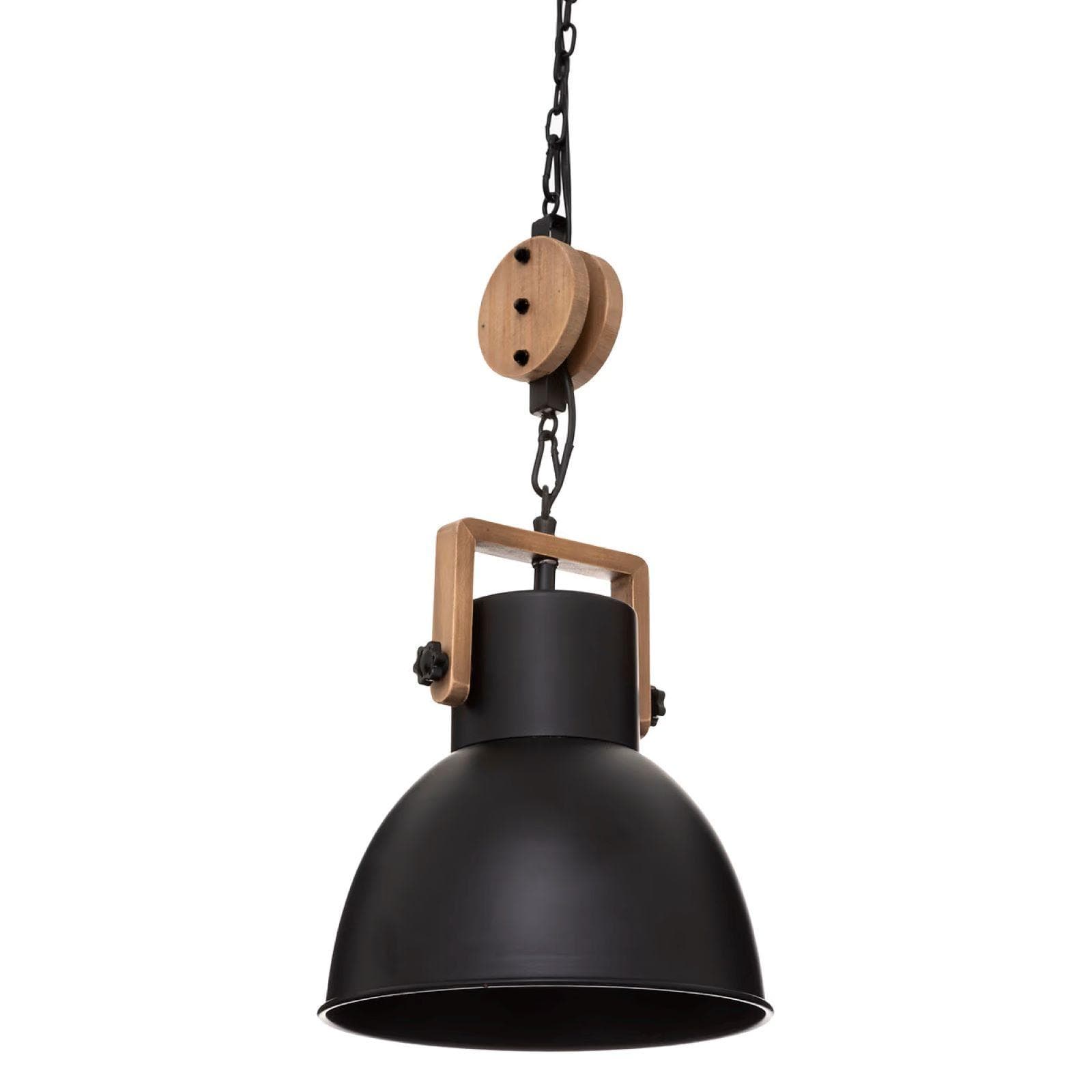 Lampada sospesa rotonda 23 cm in metallo nero e legno di pino