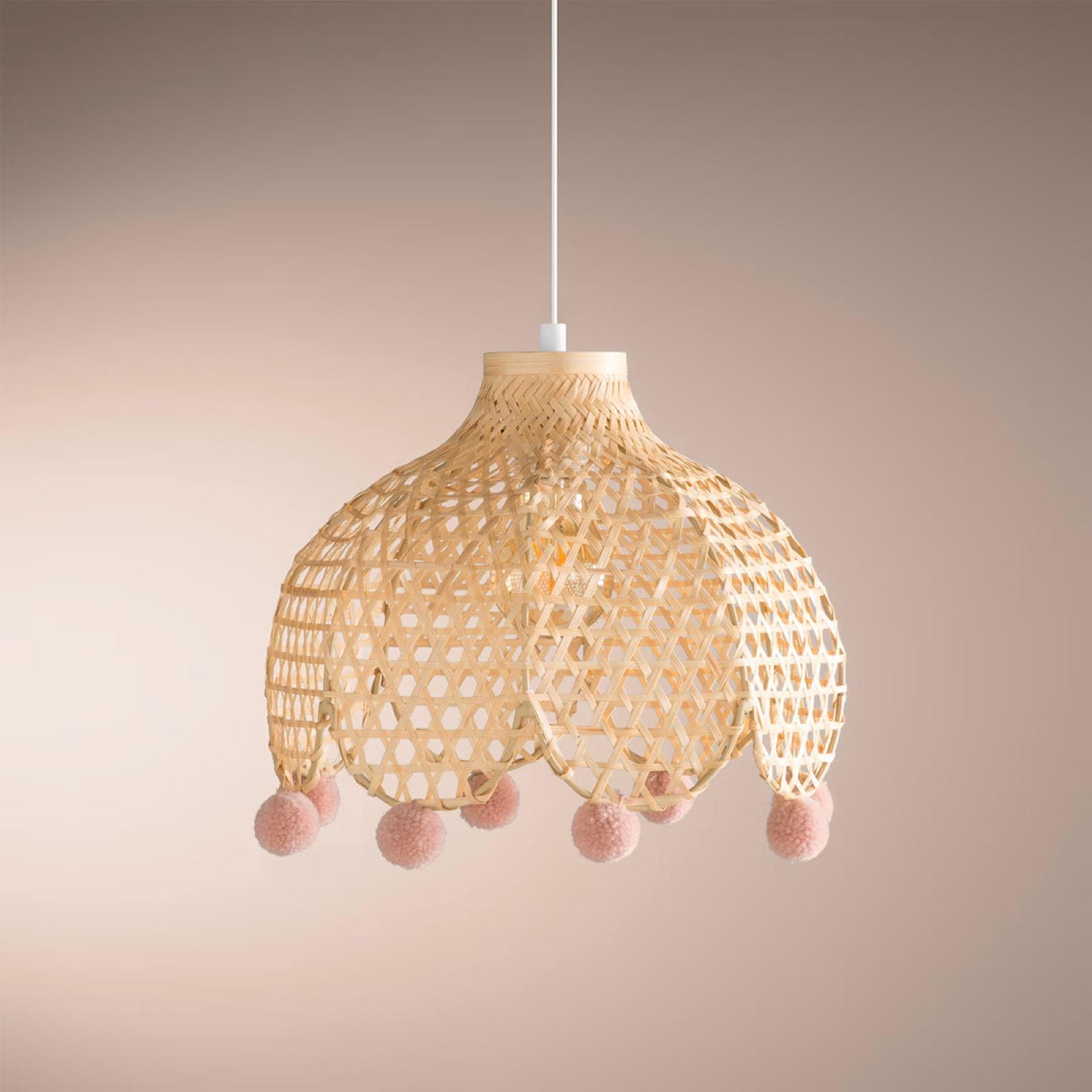 Lampada sospesa rotonda 28 cm in bambù con pompon rosa - Kids